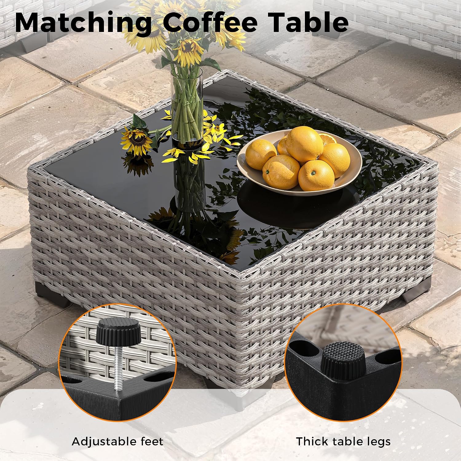 8-Seat Outdoor Wicker Patio Furniture Set with Fire Pit Table, Modular Rattan Sectional Sofa & 2 Swivel Rocking Chairs, 4' Thick Cushions, Rust-Resistant Frame,Beige