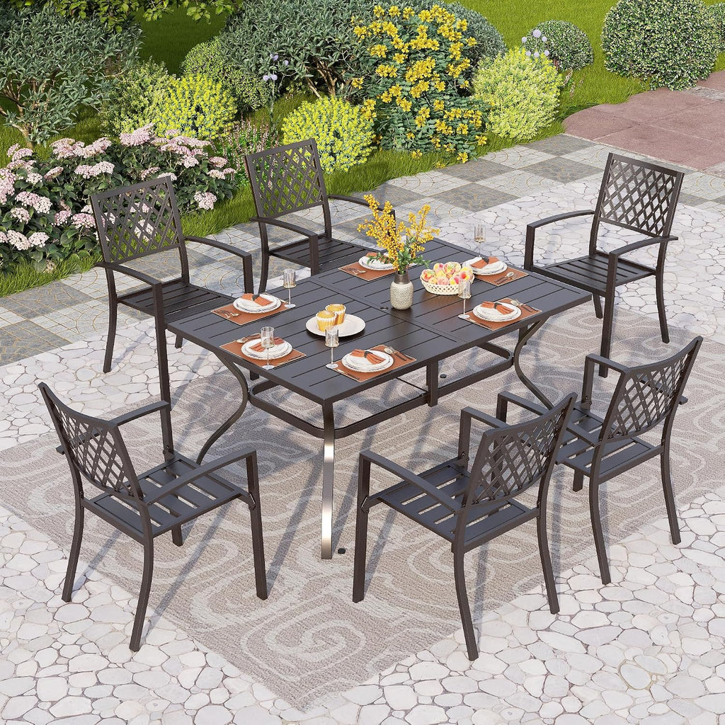 PHI VILLA 7 Pieces Outdoor Dining Set for 6, 60' Rectangular Metal Table with Umbrella Hole & Stackable Black Wrought Iron Chairs, Large Outside Furniture for Patio, Deck, Backyard, Porch