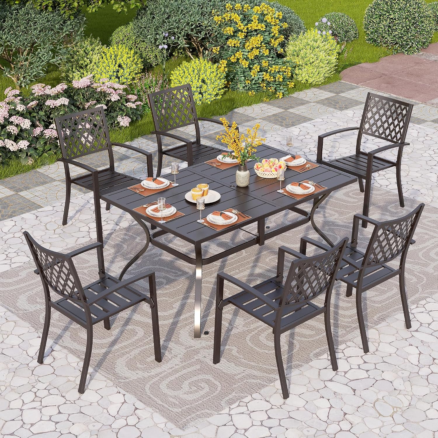 PHI VILLA 7 Pieces Outdoor Dining Set for 6, 60' Rectangular Metal Table with Umbrella Hole & Stackable Black Wrought Iron Chairs, Large Outside Furniture for Patio, Deck, Backyard, Porch