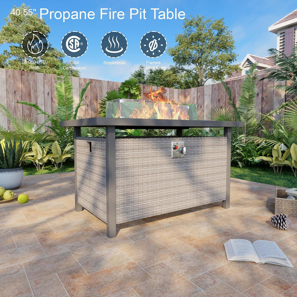 7-Piece Patio Furniture Set, Outdoor Extra Wide Armrest Modular Patio Sofa with Fire Pit Table, Dual-Strand Rattan Wicker High Back Large Seat Furniture for Backyard Porch Garden Balcony, Khaki