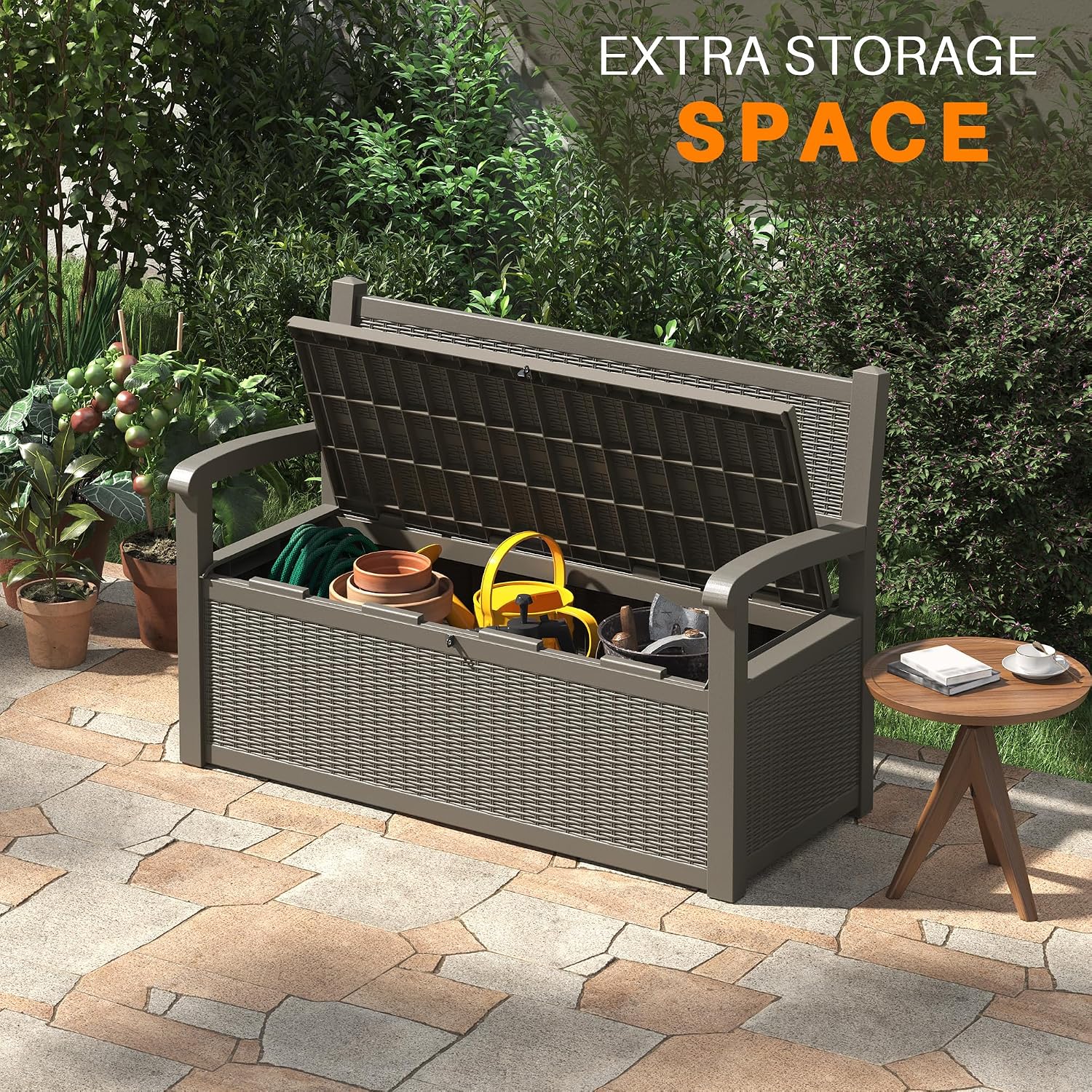 LHBcraft 70 Gallon Deck Bench with Storage,Outdoor Storage Box Bench Waterproof&Lockable, Resin Patio Furniture with Armrest for Patio, Porch, Garden,Grey