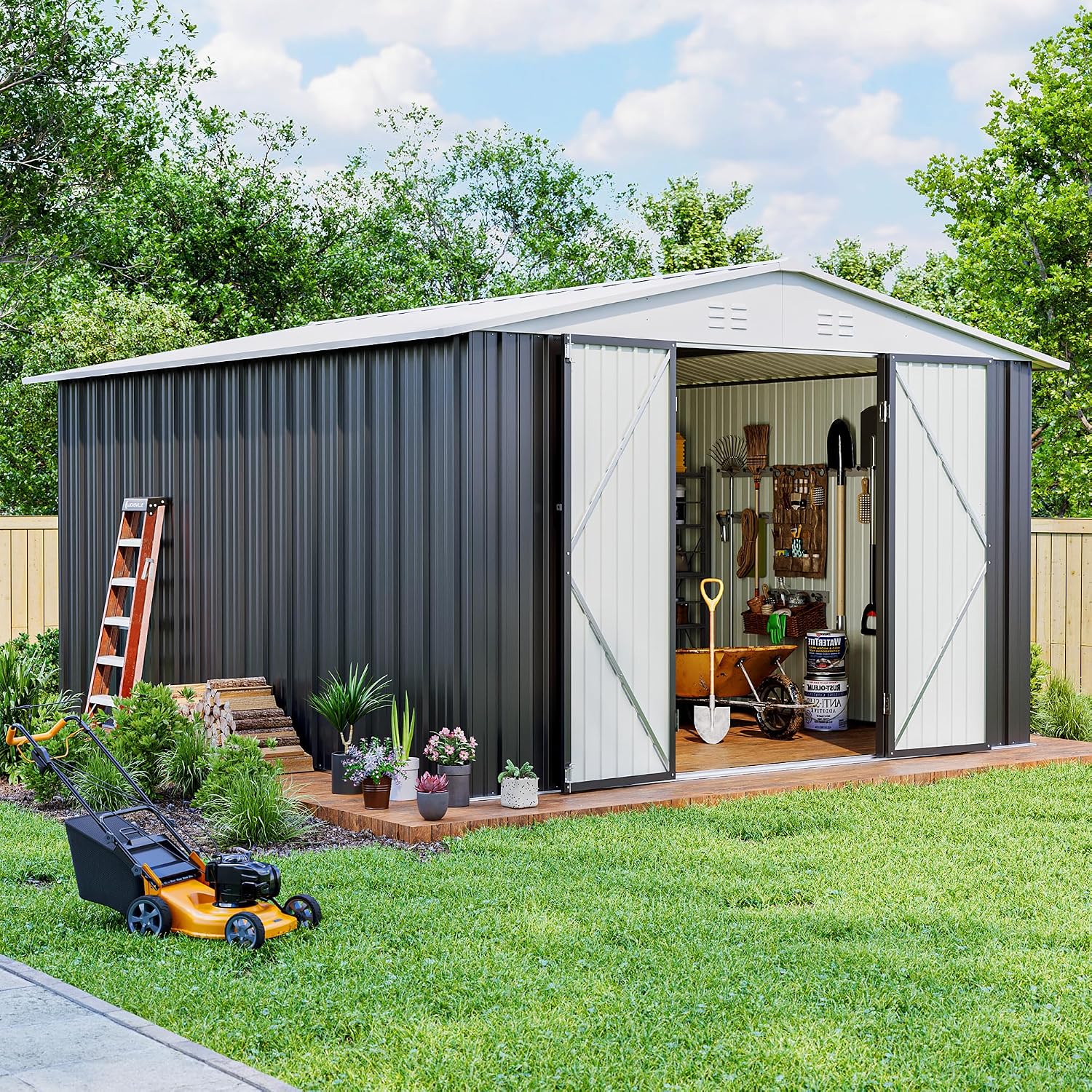 AirWire 10x12 FT Outdoor Storage Shed, Metal Garden Shed with Updated Frame Structure and Lockable Doors, Heavy Duty Weatherproof Tool Sheds for Backyard Garden Patio Lawn, White
