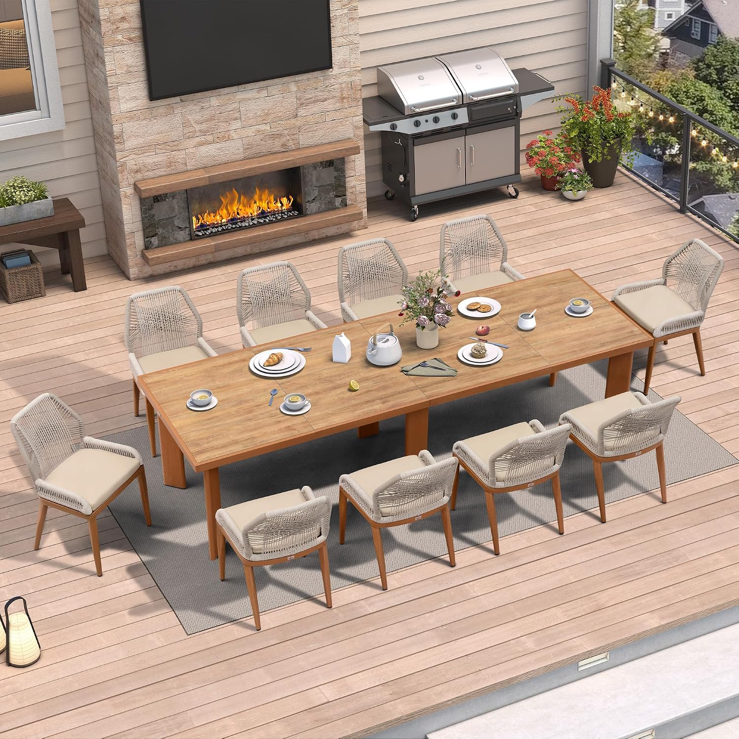 PURPLE LEAF 11 Pieces Dining Set Patio Metal Rectangular Table and Wicker Rattan Chairs for Outside Porch Garden Kitchen Modern Outdoor Furniture Sets