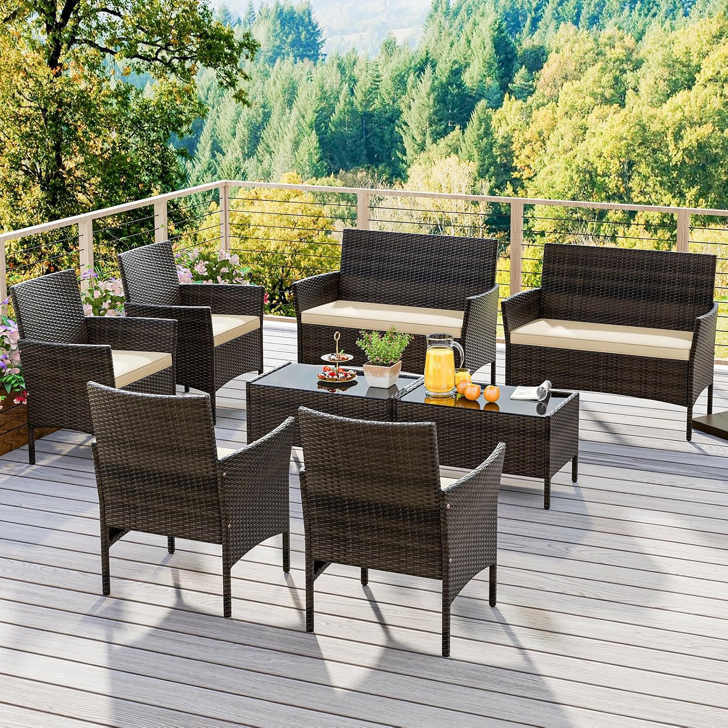 KOTEK 8 Piece Patio Furniture Set, Outdoor Rattan Conversation Set with Loveseat, Wicker Chairs, Tempered Glass Coffee Table, Wicker Patio Set for Backyard, Porch (Beige)