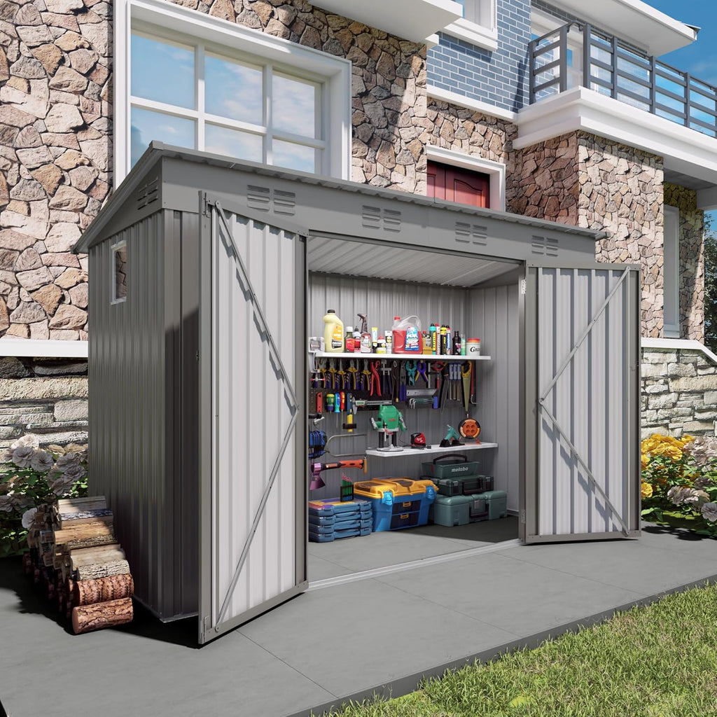 YOPTO 4x9 FT Outdoor Storage Shed W/Window,Metal Shed W/Lockable Door,Garden Tool Storage House W/ 6 Air Vents & Sloped Roof,for Backyard,Patio,Lawn,Gray