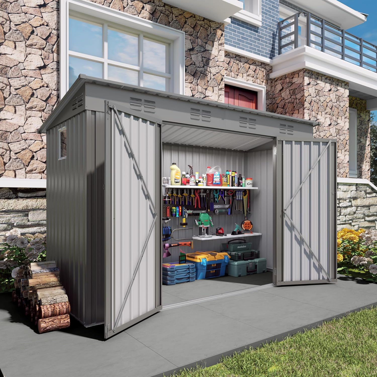 YOPTO 4x9 FT Outdoor Storage Shed W/Window,Metal Shed W/Lockable Door,Garden Tool Storage House W/ 6 Air Vents & Sloped Roof,for Backyard,Patio,Lawn,Gray