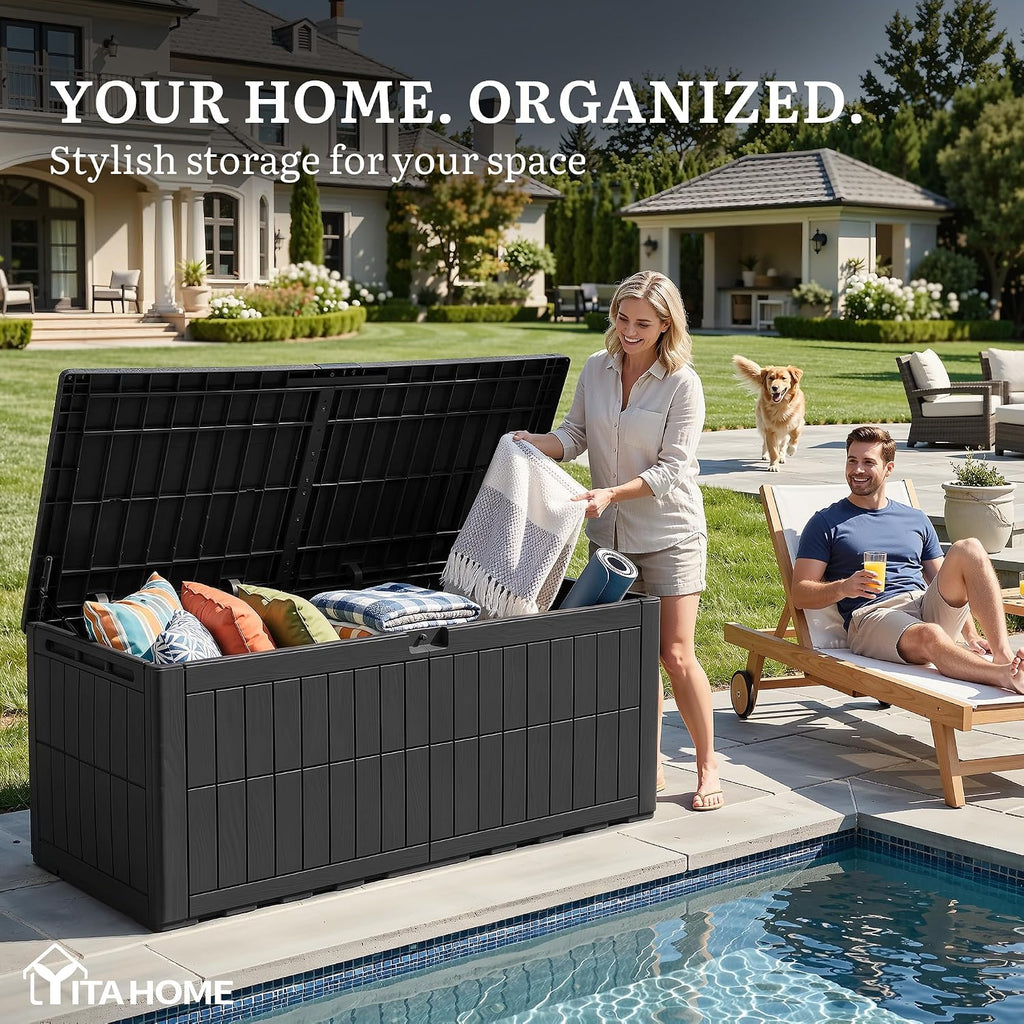 YITAHOME 200 Gallon Large Outdoor Storage Box XL Resin Deck Box with Lock, Waterproof Patio Furniture Bin and 3-Person Bench Seating for Garden Tools & Pool Accessories, Black