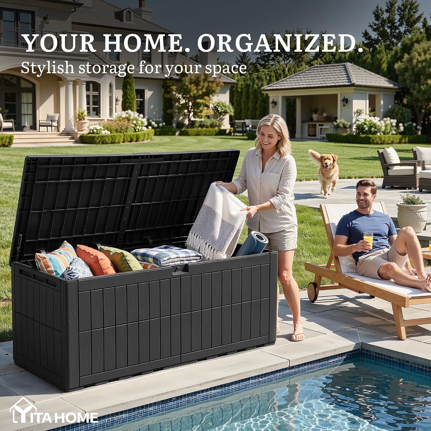 YITAHOME 200 Gallon Large Outdoor Storage Box XL Resin Deck Box with Lock, Waterproof Patio Furniture Bin and 3-Person Bench Seating for Garden Tools & Pool Accessories, Black