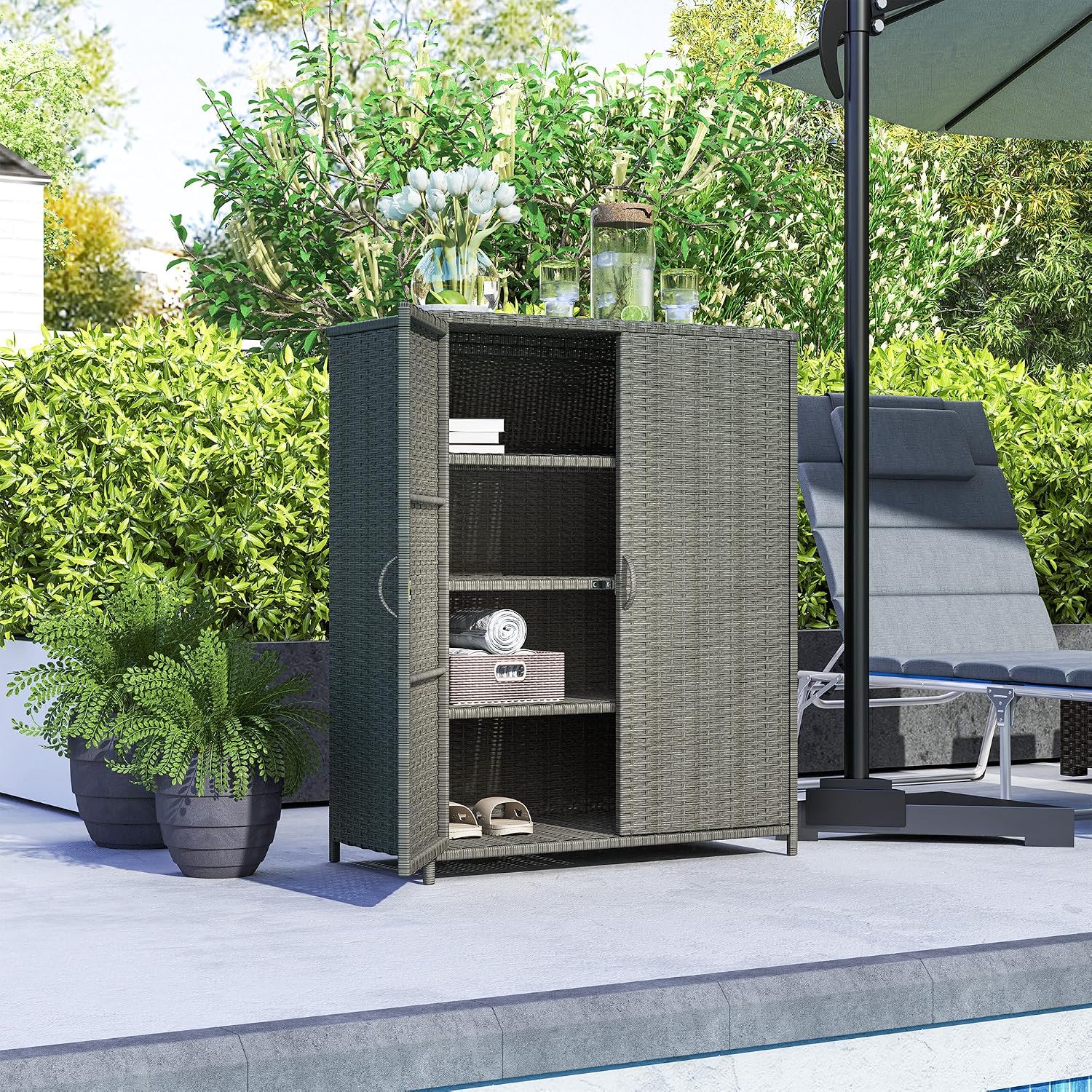 Outsunny Wicker Outdoor Storage Cabinet with Shelves, 4-Shelf Outdoor Pool Towel Cabinet with Two Doors, Rattan Patio Storage Shelves for Garden, Backyard, Porch, Dark Gray