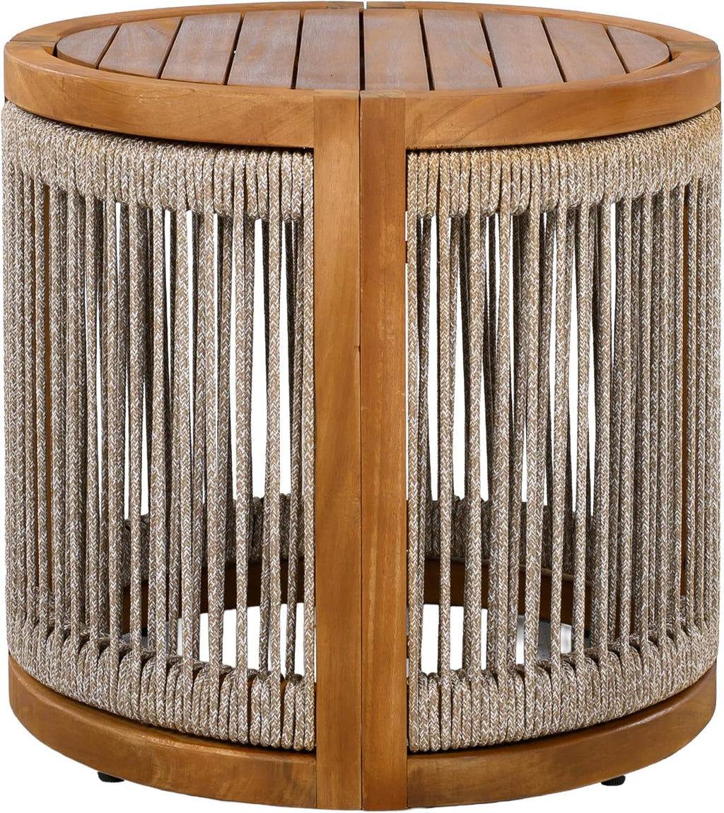 Christopher Knight Home Viktor Acacia Wood Outdoor Side Table, Patio Round Coffee Table with Woven Rope Accents, Table for Patio Furniture Set, Elegant Slatted Design, Weather-Resistant, Teak