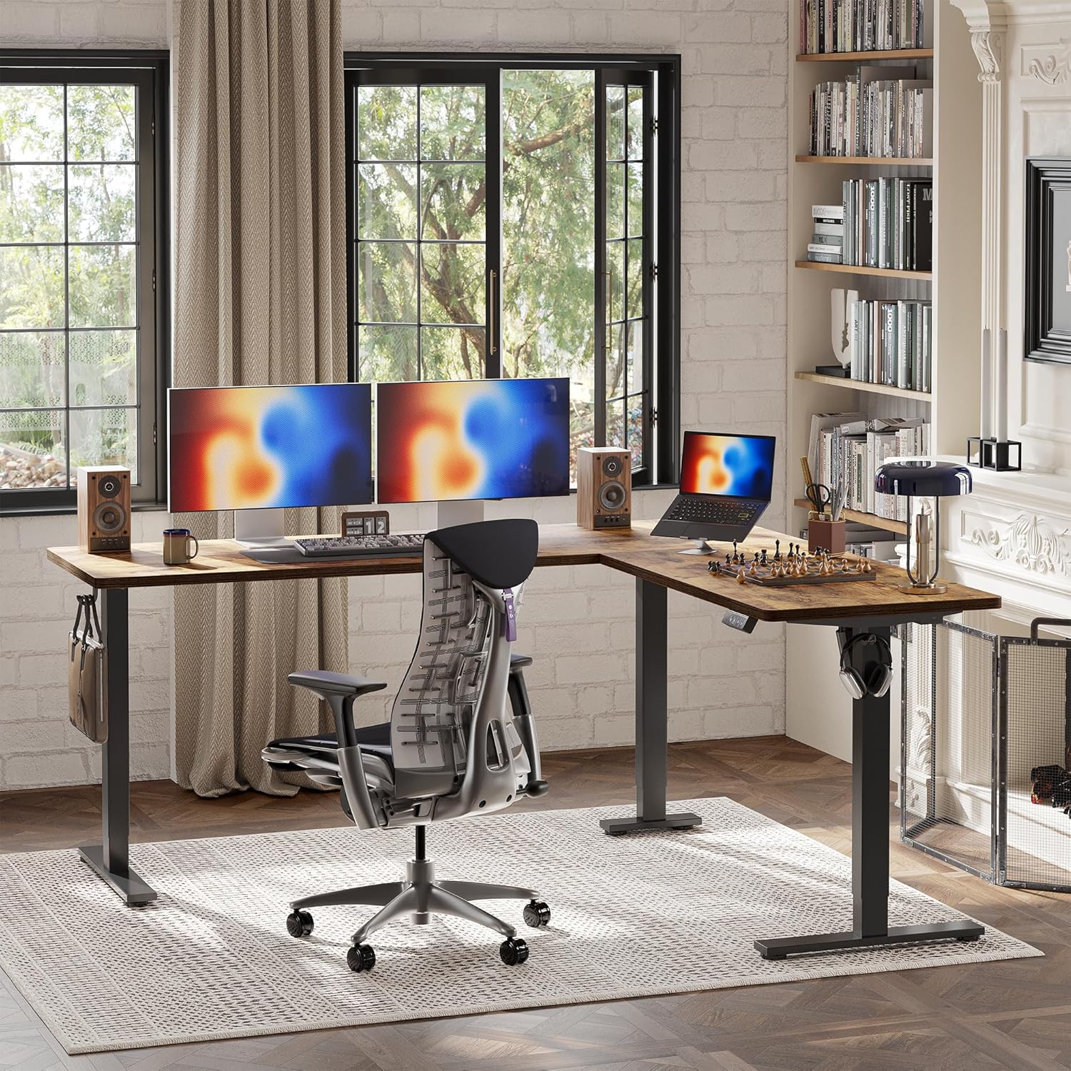TIQLAB 75 x 61 inch L Shaped Standing Desk Adjustable Height, Electric Corner Standing Desk, Sit Stand Computer Table with Splice Board, Rustic Brown