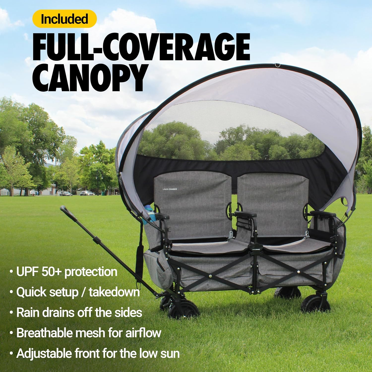 Lawn Chariot, Folding Wagon with 2 Adult Seats & UPF 50+ Canopy, Under-Seat Storage, All-Terrain Wheels, Black Canopy