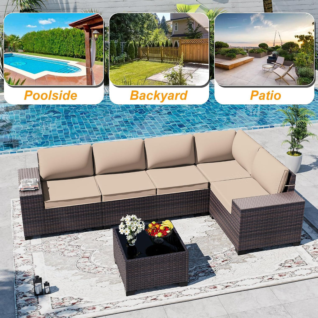 Outdoor Patio Furniture Set, 6 Pieces Outdoor Sectional Furniture High Backrest Patio Sofa, All-Weather PE Rattan Patio Conversation Set with Coffee Table & Cushions-Sand.