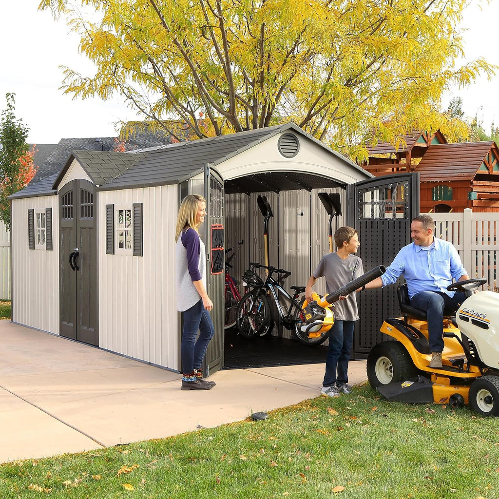 Lifetime 20 x 8 Ft. Outdoor Storage Shed with Steel Reinforced HDPE Walls, Lockable Doors, Windows, Skylights, Adjustable Shelving, Slip‑Resistant Floor, UV‑Protected Backyard Shed