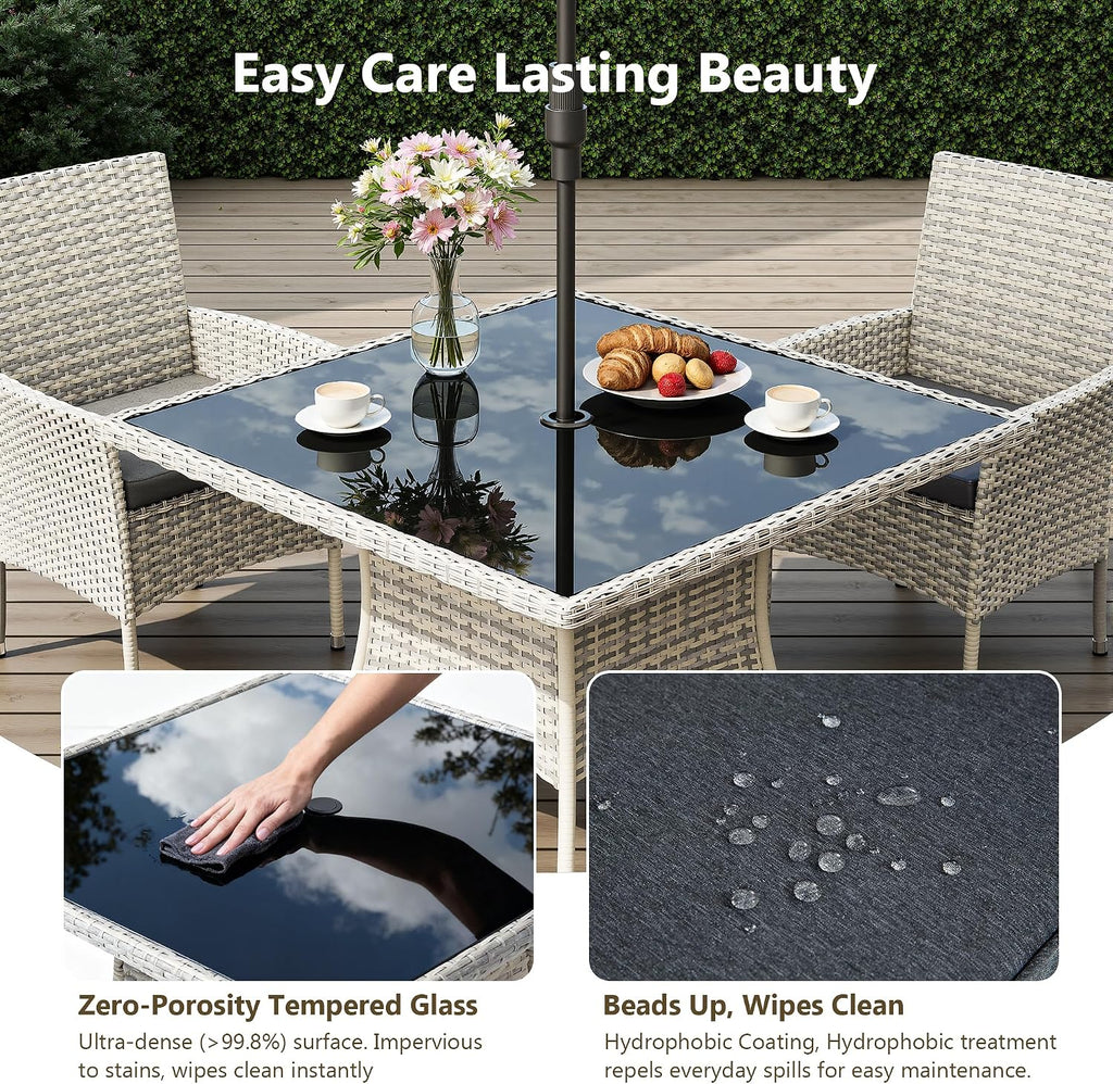Outdoor Dining Set, 5-Piece Patio Furniture Set with Tempered Glass Table and 4 Cushioned Chairs, Dual-Strand Wicker Rattan, Balcony Furniture for Backyard, Garden, Deck,– Black
