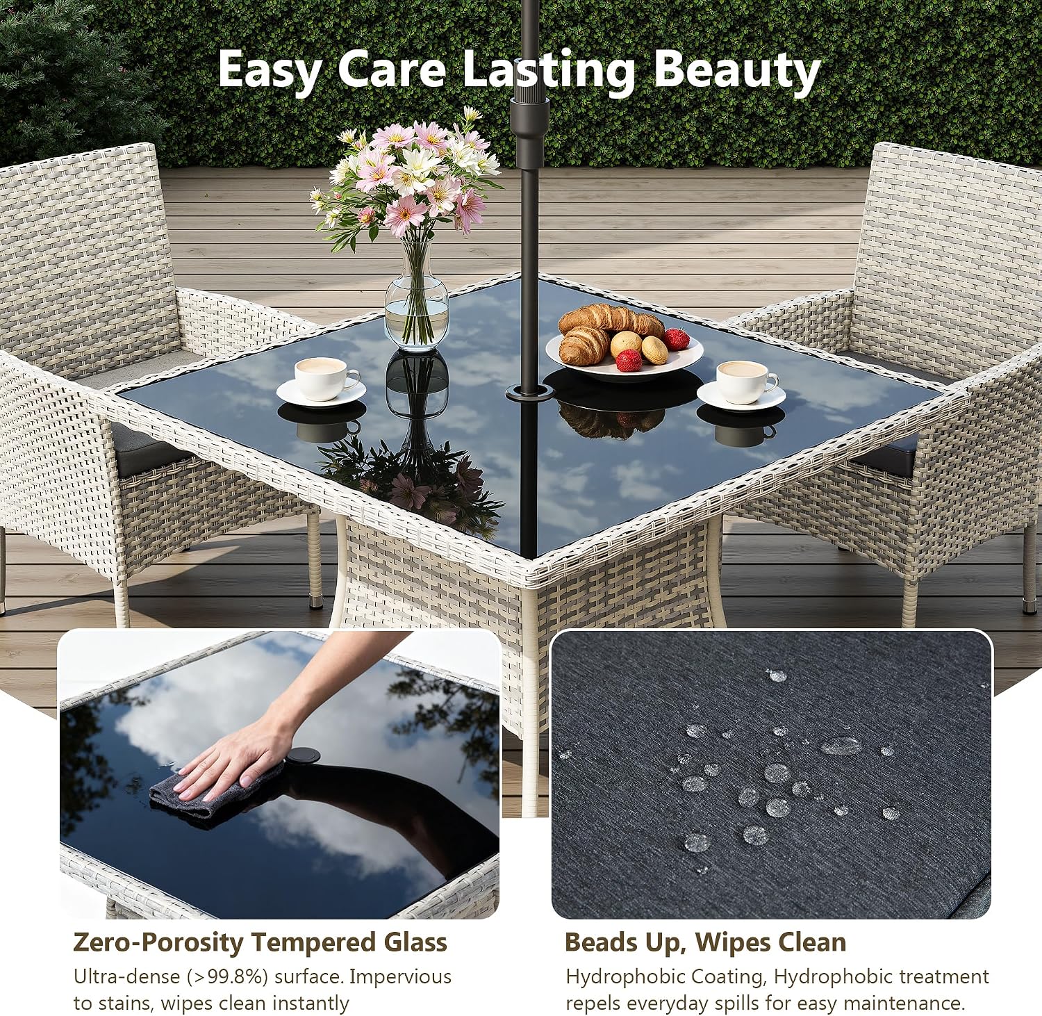 Outdoor Dining Set, 5-Piece Patio Furniture Set with Tempered Glass Table and 4 Cushioned Chairs, Dual-Strand Wicker Rattan, Balcony Furniture for Backyard, Garden, Deck,– Black