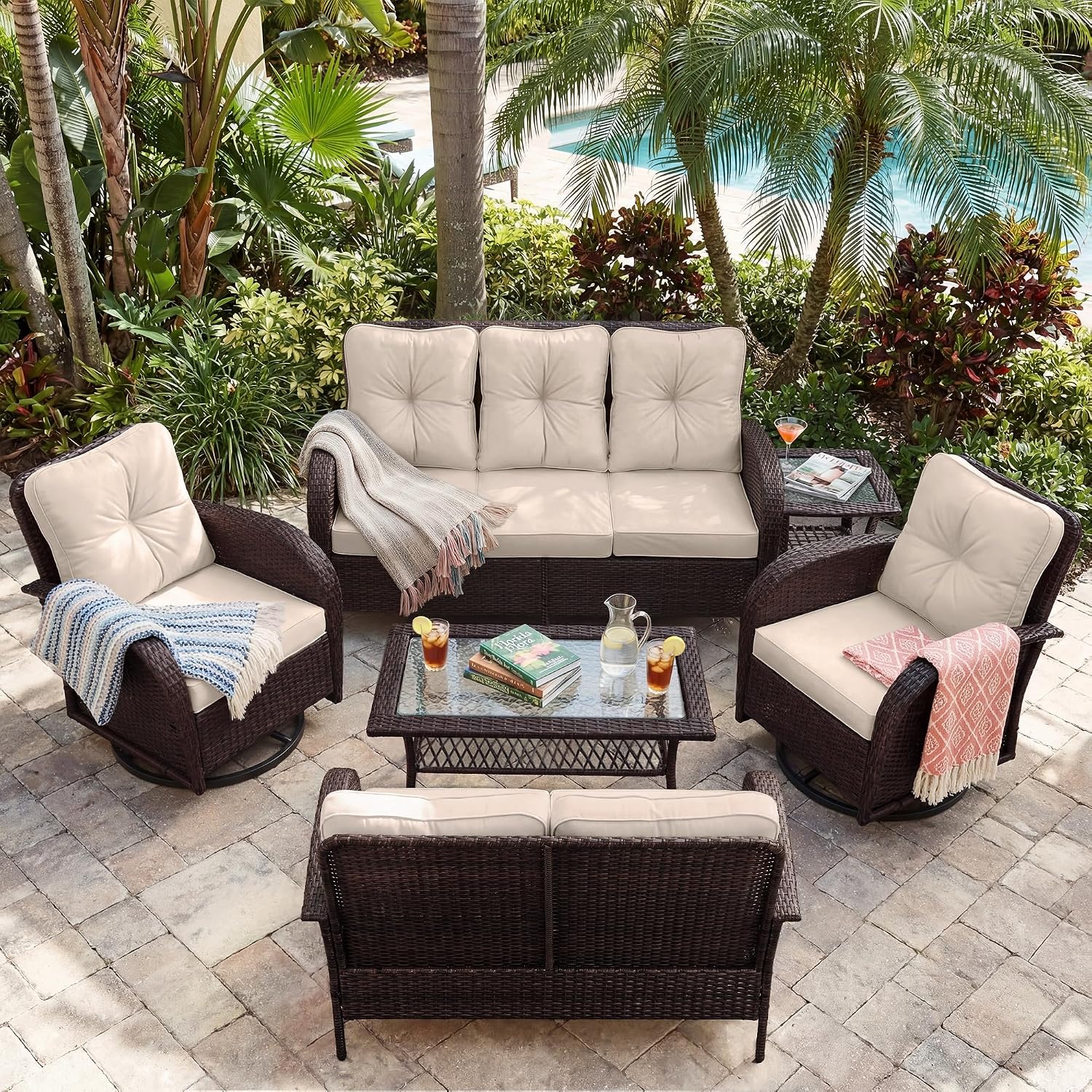 UPHA 6 Pieces Patio Furniture Sets, Wicker Outdoor Sofa Set with Loveseat & 3-Seat Couch, Swivel Chairs, Patio Conversation Set for Deck Backyard Garden, Brown Rattan, Beige Cushion