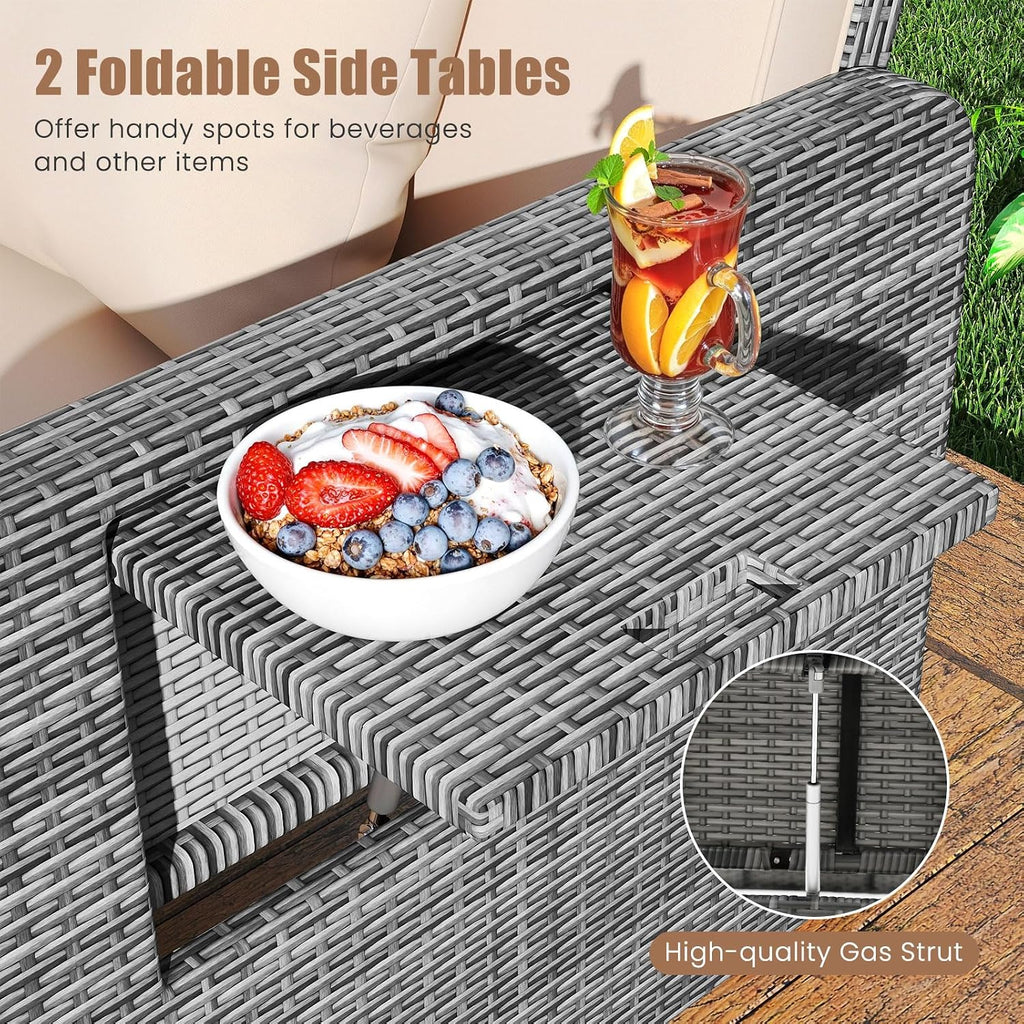 Tangkula Patio Rattan Daybed with 4-Level Adjustable Backrest, Outdoor PE Wicker Loveseat with Storage Ottoman & Folding Side Table, Double Sunbed for Balcony, Backyard & Poolside, Beige & Grey