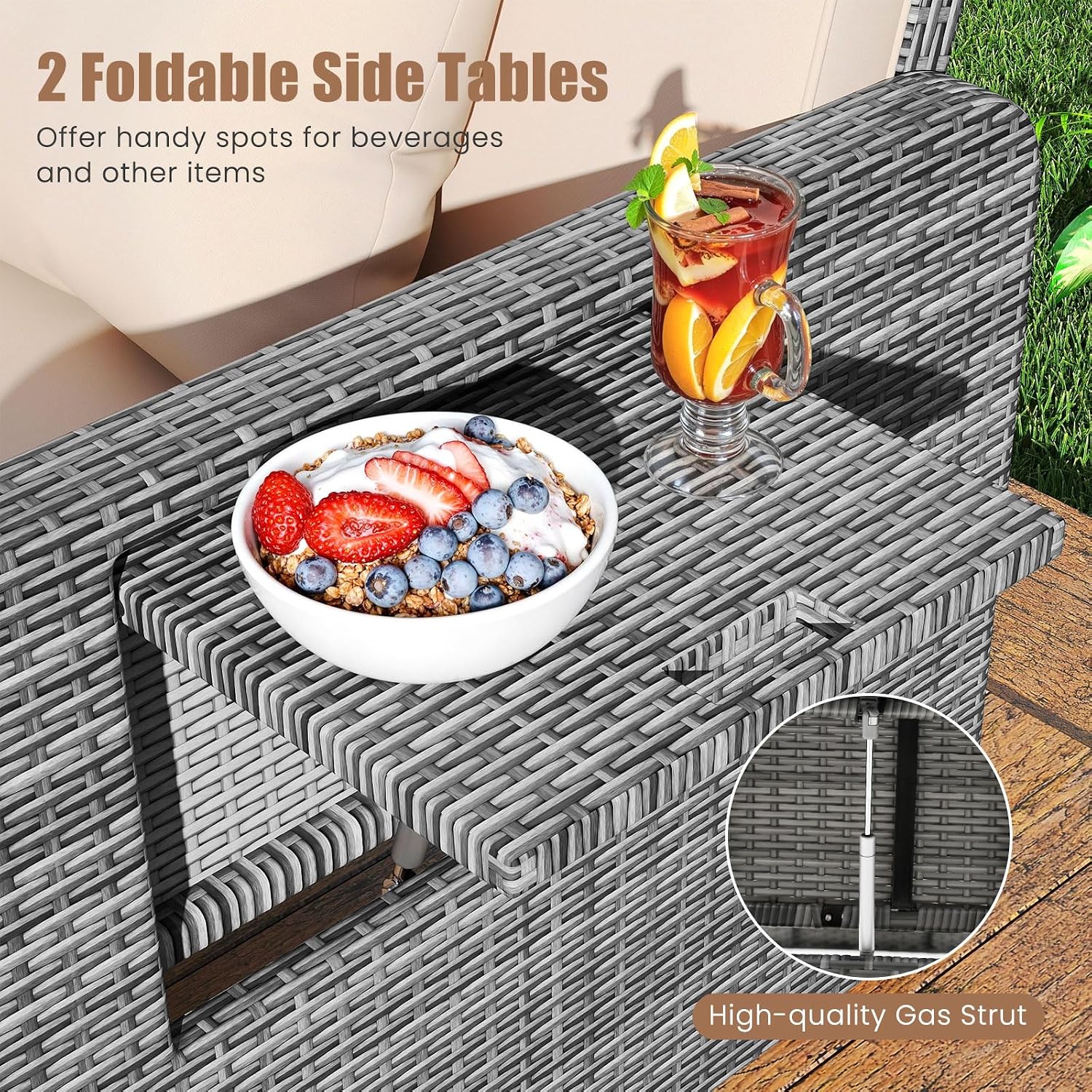Tangkula Patio Rattan Daybed with 4-Level Adjustable Backrest, Outdoor PE Wicker Loveseat with Storage Ottoman & Folding Side Table, Double Sunbed for Balcony, Backyard & Poolside, Beige & Grey