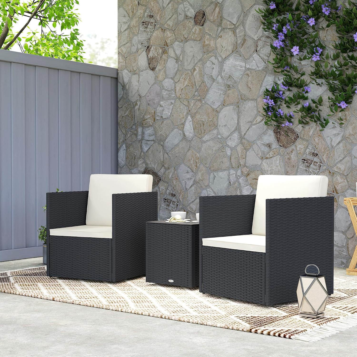 Outsunny 3 Piece Patio Furniture Set, Folding Outdoor Wicker Bistro Set with Washable Cushions, Adjustable Feet, and Glass Coffee Table, Easy Assembly for Garden, Balcony, Poolside, Backyard, Black