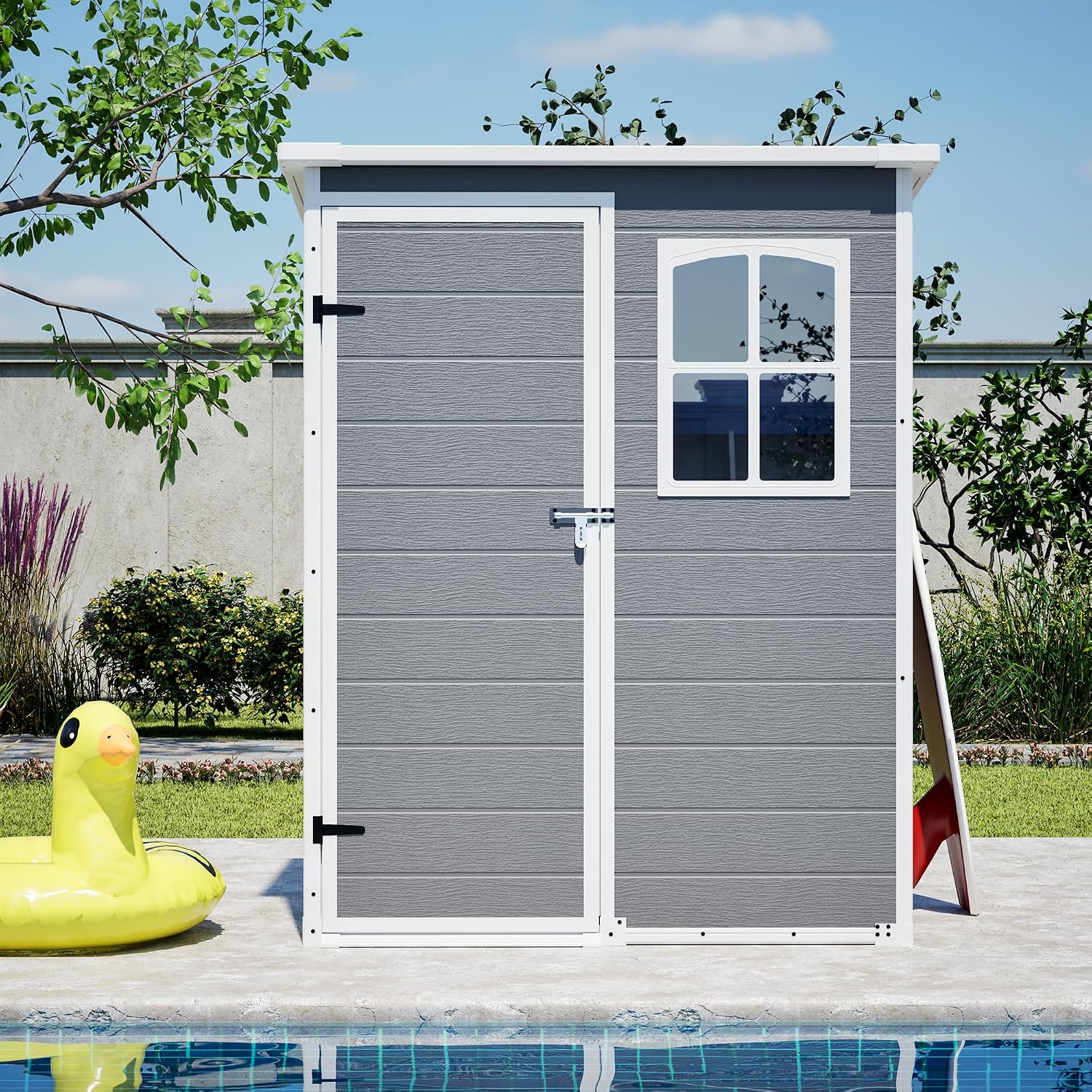 YOPTO 5x3ft Resin Outdoor Storage Shed Weather Resistant with Floor,Outdoor Resin Storage Shed W/Window,Garden Tool House W/Lockable Door,Pitched Roof & Drainage Holes,for Backyard,Patio,Lawn,Gray
