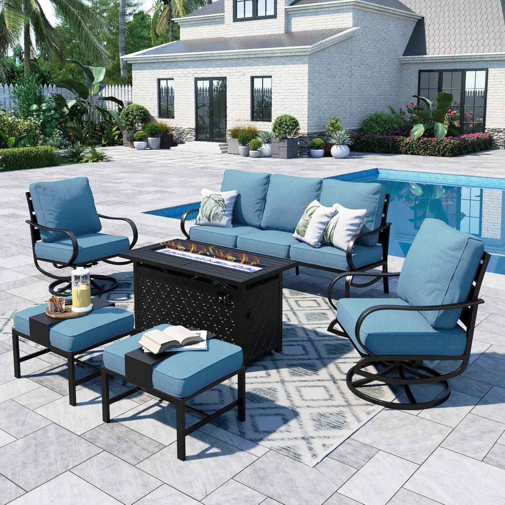 Sophia & William Patio Furniture Sets with 45' Gas Fire Pit Table for 7 Outdoor Conversation Sets 6 Pcs, 2 x Swivel Cushioned Sofa Chairs, 1x3-Seat Sofa, 2xOttomans for Backyard Poolside Navy
