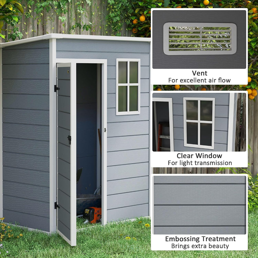 Outsunny 5' x 3' Outdoor Storage Shed, Waterproof Resin Plastic Shed with Floor, Window, Lockable Door and Vents, All-Weather Garden Tool Shed for Backyard, Patio, Lawn, Gray