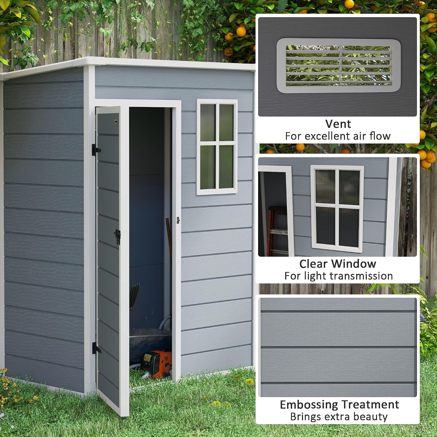 Outsunny 5' x 3' Outdoor Storage Shed, Waterproof Resin Plastic Shed with Floor, Window, Lockable Door and Vents, All-Weather Garden Tool Shed for Backyard, Patio, Lawn, Gray