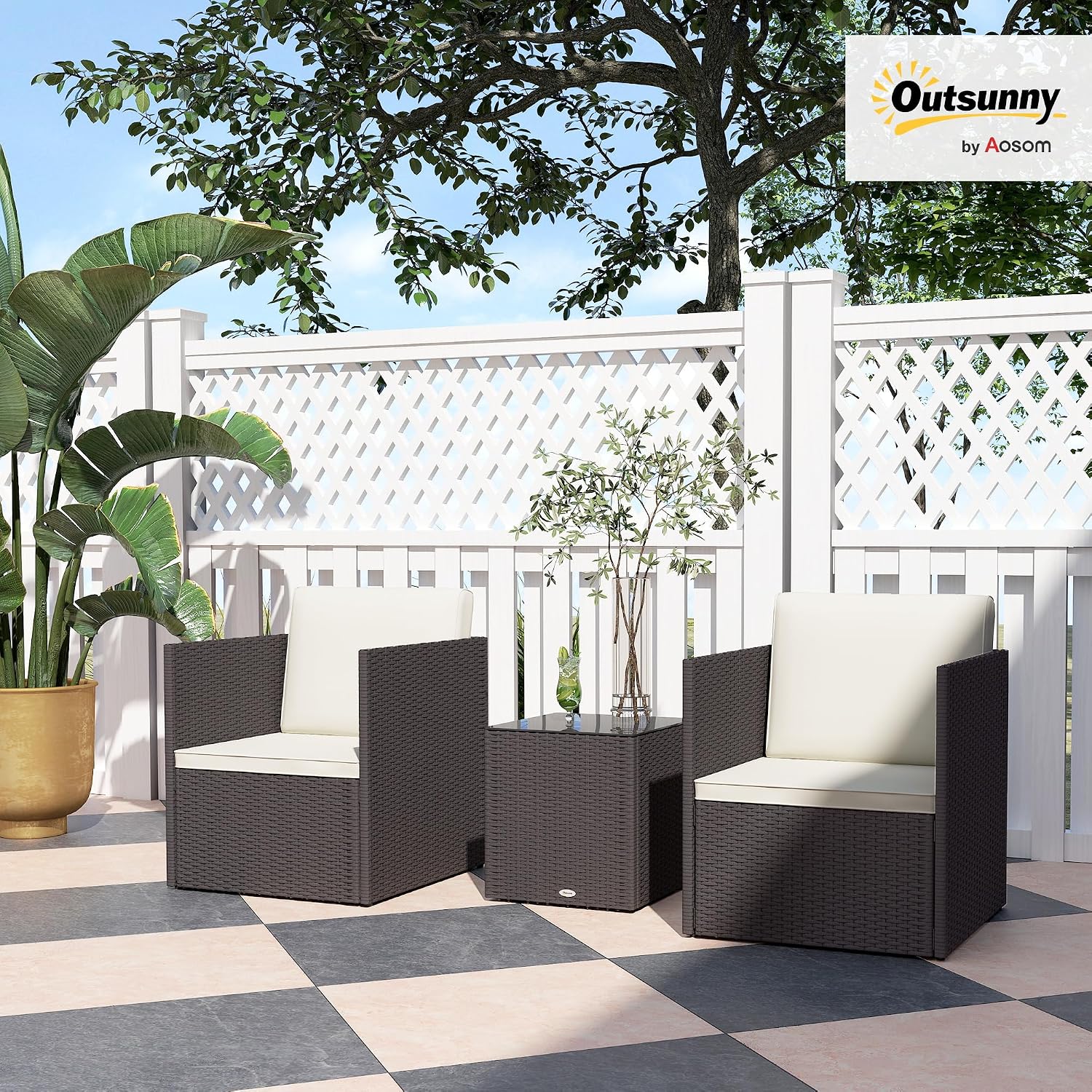 Outsunny 3 Piece Patio Furniture Set, Folding Outdoor Wicker Bistro Set with Washable Cushions, Adjustable Feet, and Glass Coffee Table, Easy Assembly for Garden, Balcony, Poolside, Backyard, Brown