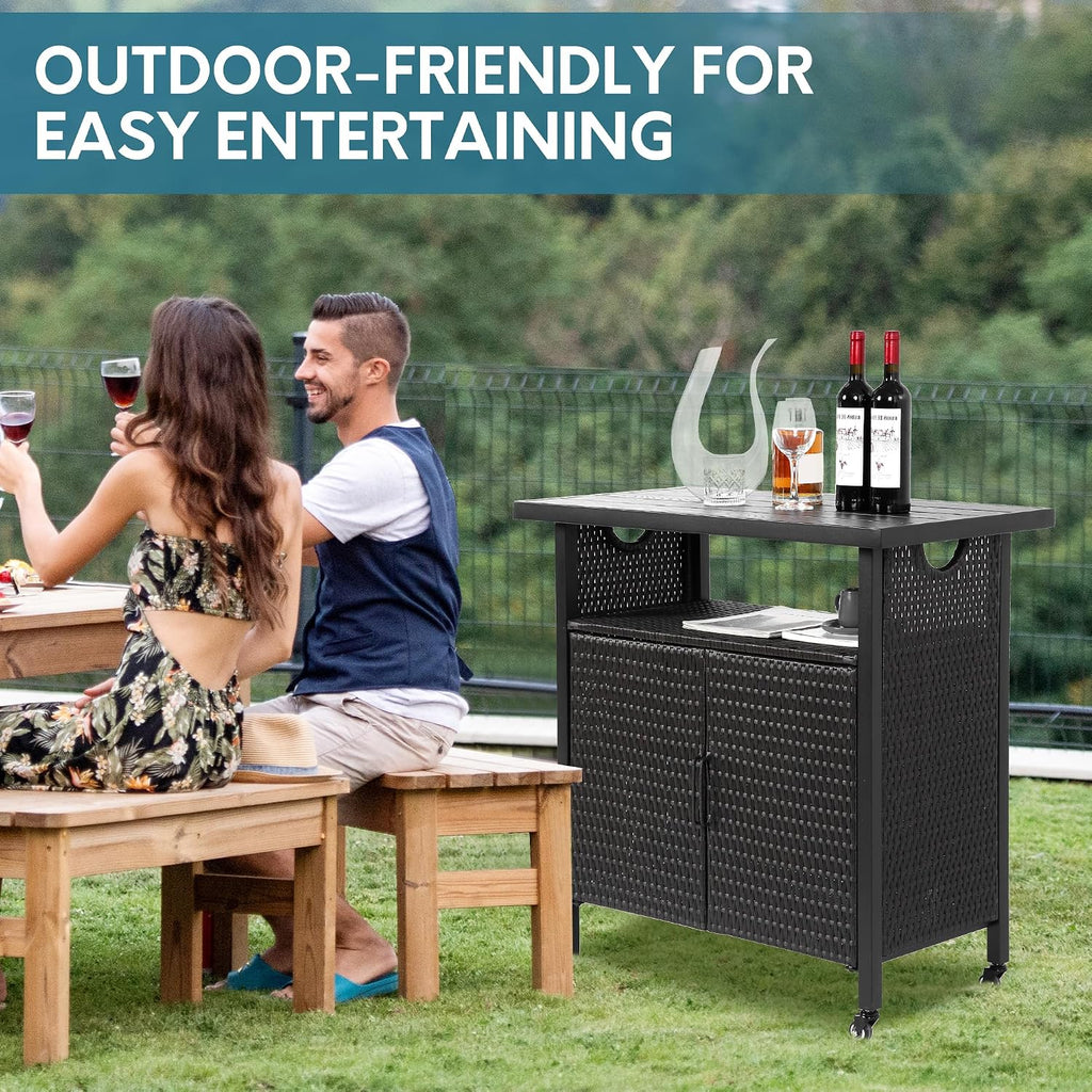 Outdoor Indoor Storage Cabinet with Rolling Wheels, Patio Serving Cart with Bar Table and Wicker Cabinet, Kitchen Island Prep Table, Black