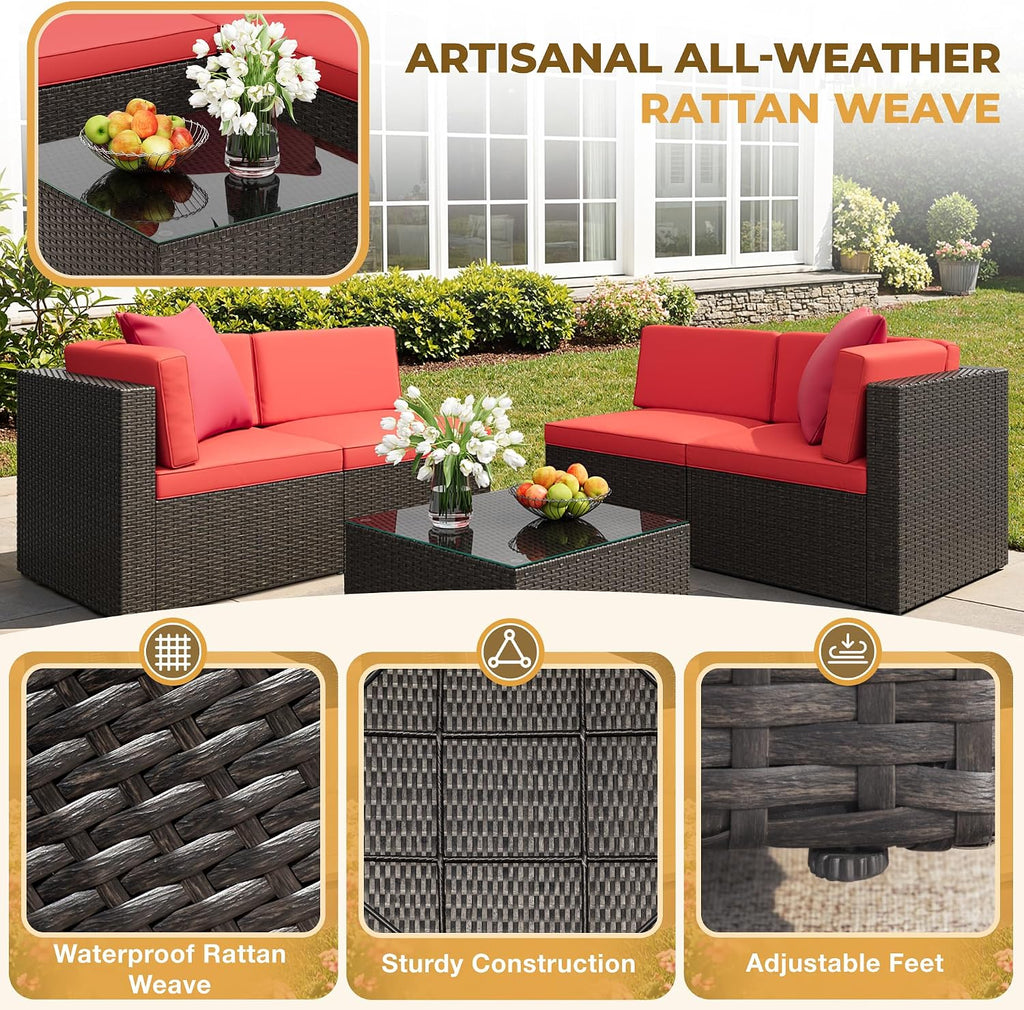 Flamaker 8 Pieces Patio Furniture Set with Fire Pit Table Outdoor Sectional Patio Sofa Furniture Set with Gas Fire Pit and Coffee Table & Ottoman Cushion Pillows, Red
