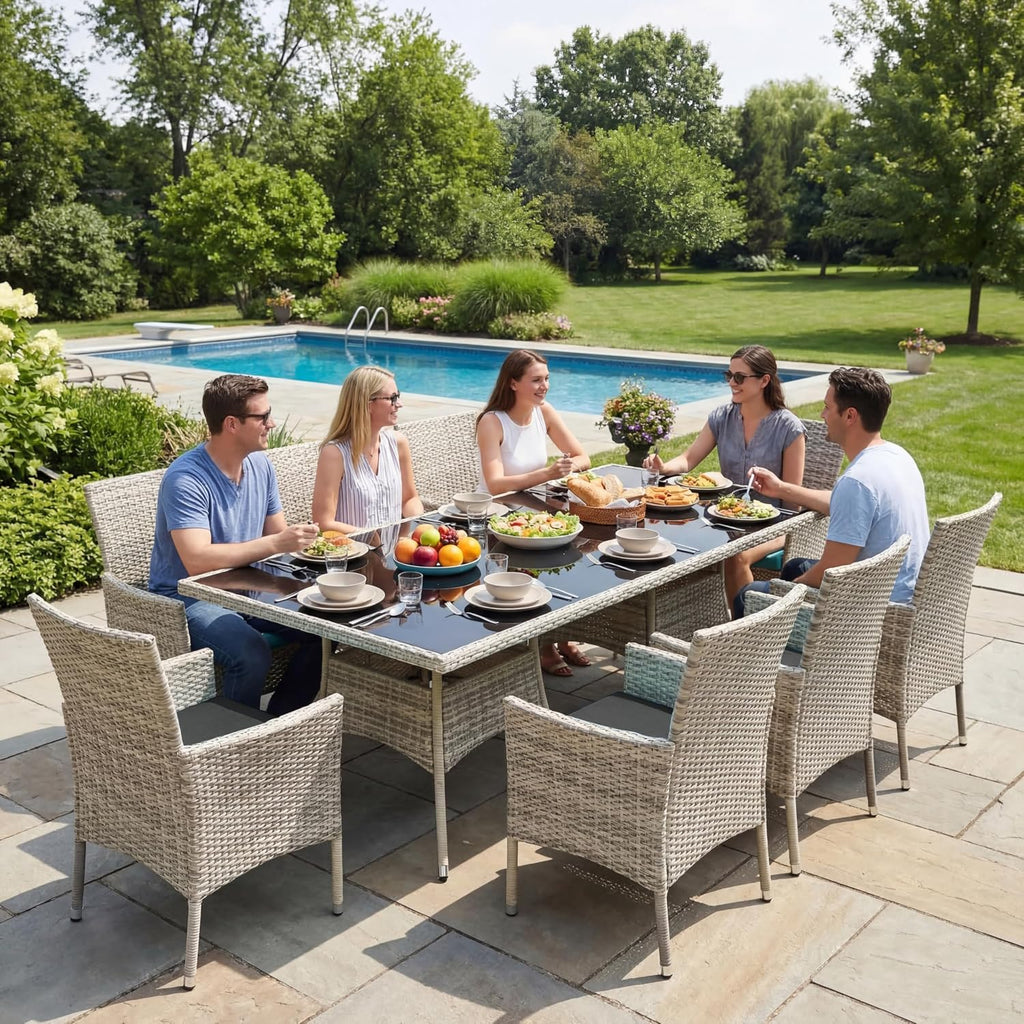 10-Piece Patio Dining Set, Patio Furniture Set with Square Tempered Glass Table & 8 Wicker Chairs, Expandable Design for Larger Groups, Outdoor Furniture for Backyard, Deck, Garden, Dark Grey