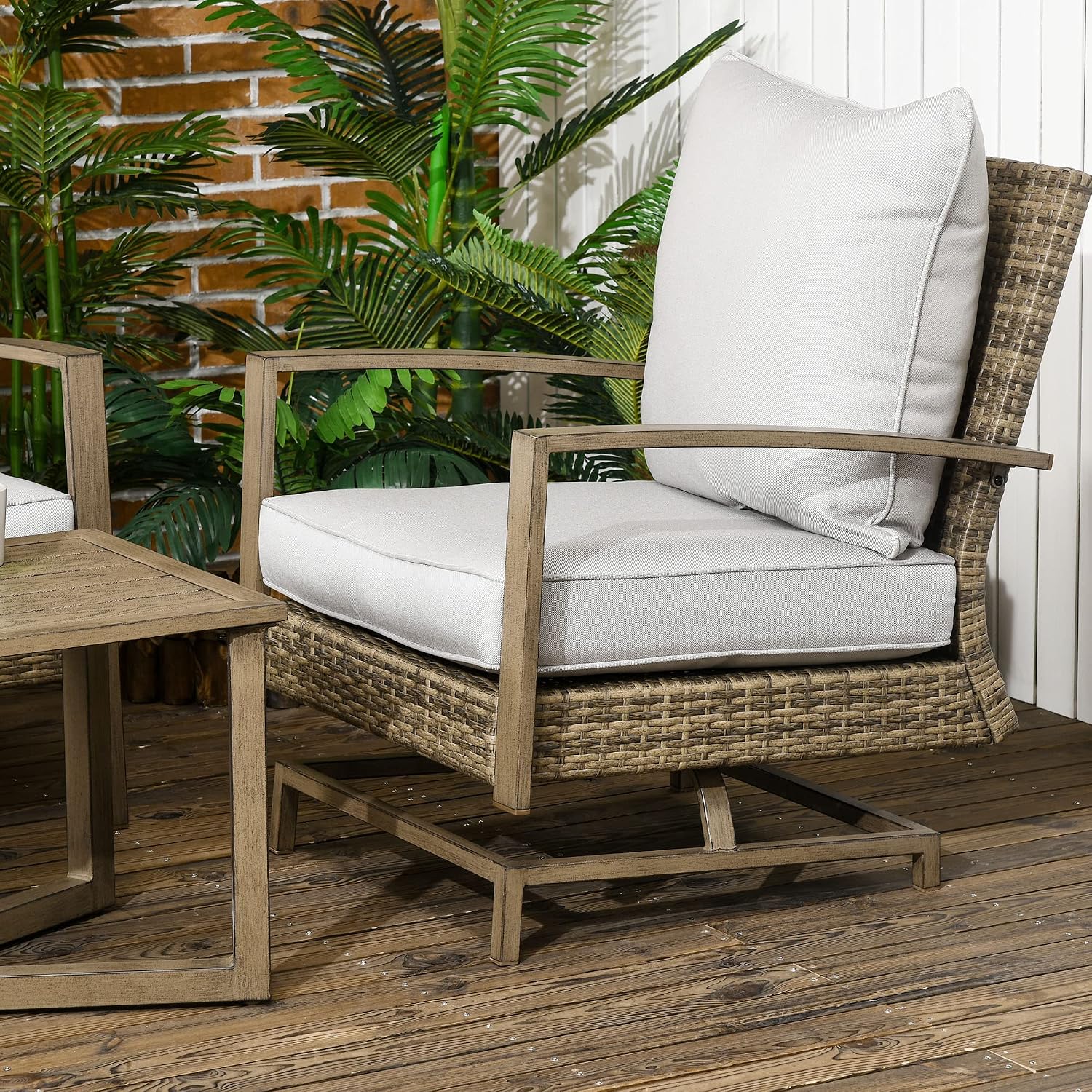Outsunny 4 Piece Wicker Patio Furniture Set with 2 Rocking Chairs, Loveseat Sofa, Outdoor PE Rattan Conversation Set with Cushions, Aluminum Table for Porch, Poolside, Light Gray