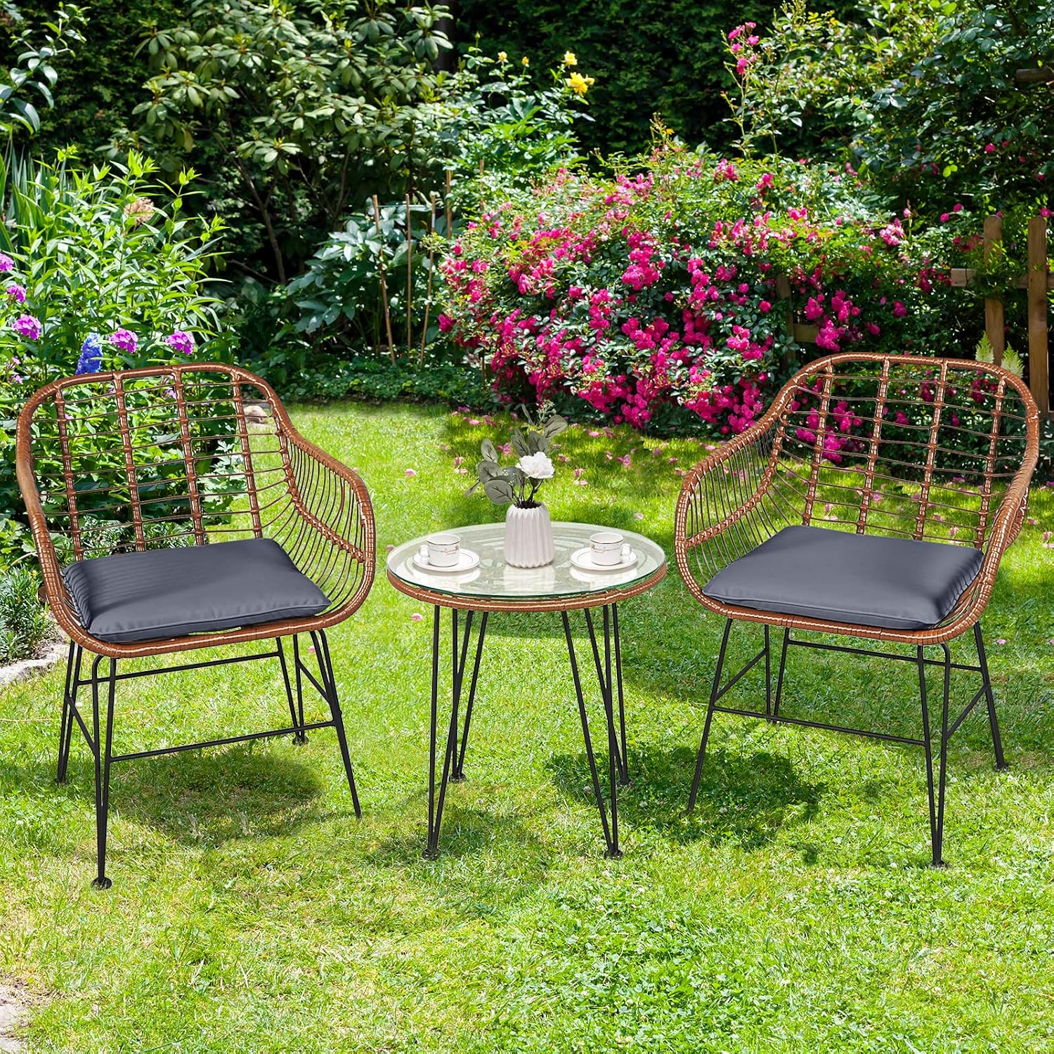 COSTWAY 3 Pieces Patio Bistro Set, Outdoor Rattan Conversation Seating Chair Set with Coffee Table & Soft Cushions, Indoor Wicker Furniture Set for Garden, Balcony, Porch, Pool, Gray