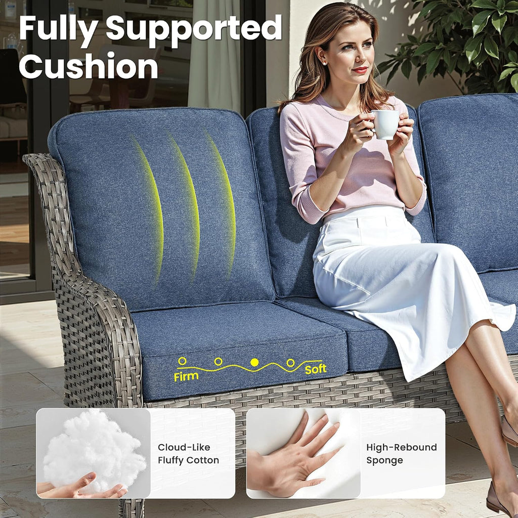 ovios 6 Pieces Patio Furniture Set with 30 inch Fire Pit Table, Outdoor Wicker Sofa Couch Loveseat, Swivel Rocking Glider Chairs, Modern Conversation Set, Grey Rattan, Denim Blue