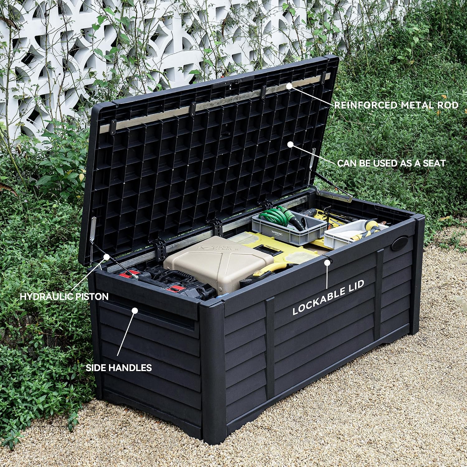 DWVO 150 Gallon Large Deck Box Waterproof Outdoor Storage Box, Extra Large Storage Bin, Resin Louvered Patio Storage for Indoor Pillows, Garden Tools & Pool Supplies, Lockable, Black