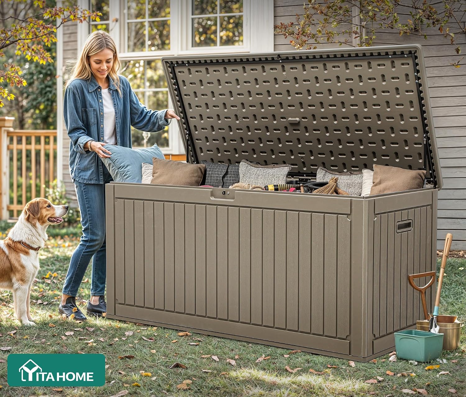 YITAHOME 320 Gallon Large Deck Box with Divider & Side Handles, Outdoor Double-Wall Storage for Patio Furniture Cushions, Garden Pool Accessories, Waterproof & Lockable