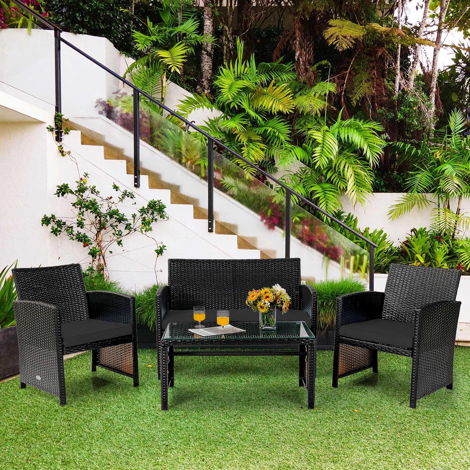 Tangkula 4 Pieces Rattan Furniture Set, Outdoor Conversation Set w/Chair & Loveseat & Tempered Glass Coffee Table, Suitable for Garden, Backyard, Poolside, Patio Furniture Set for 4 (1, Black)