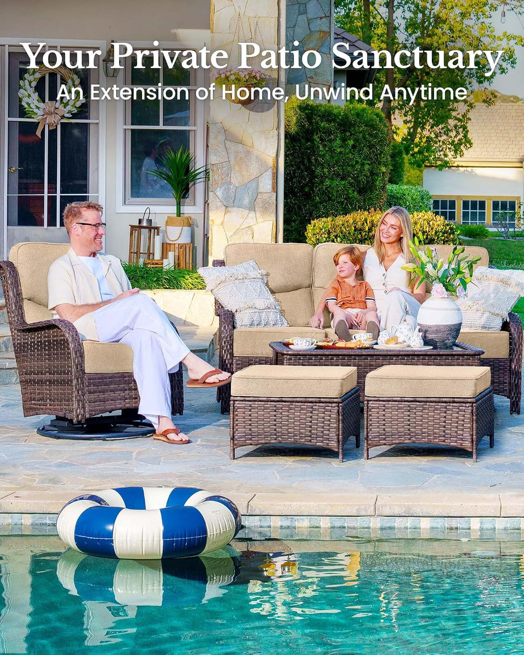 HILLGA 6-Piece Luxury Patio Furniture Set with 6' Thick Cushions, Weather-Resistant Wicker High Back Swivel Rocker Chairs, Senior-Friendly Outdoor Loveseat Set for Deck, Yard and Poolside, Beige(V2)