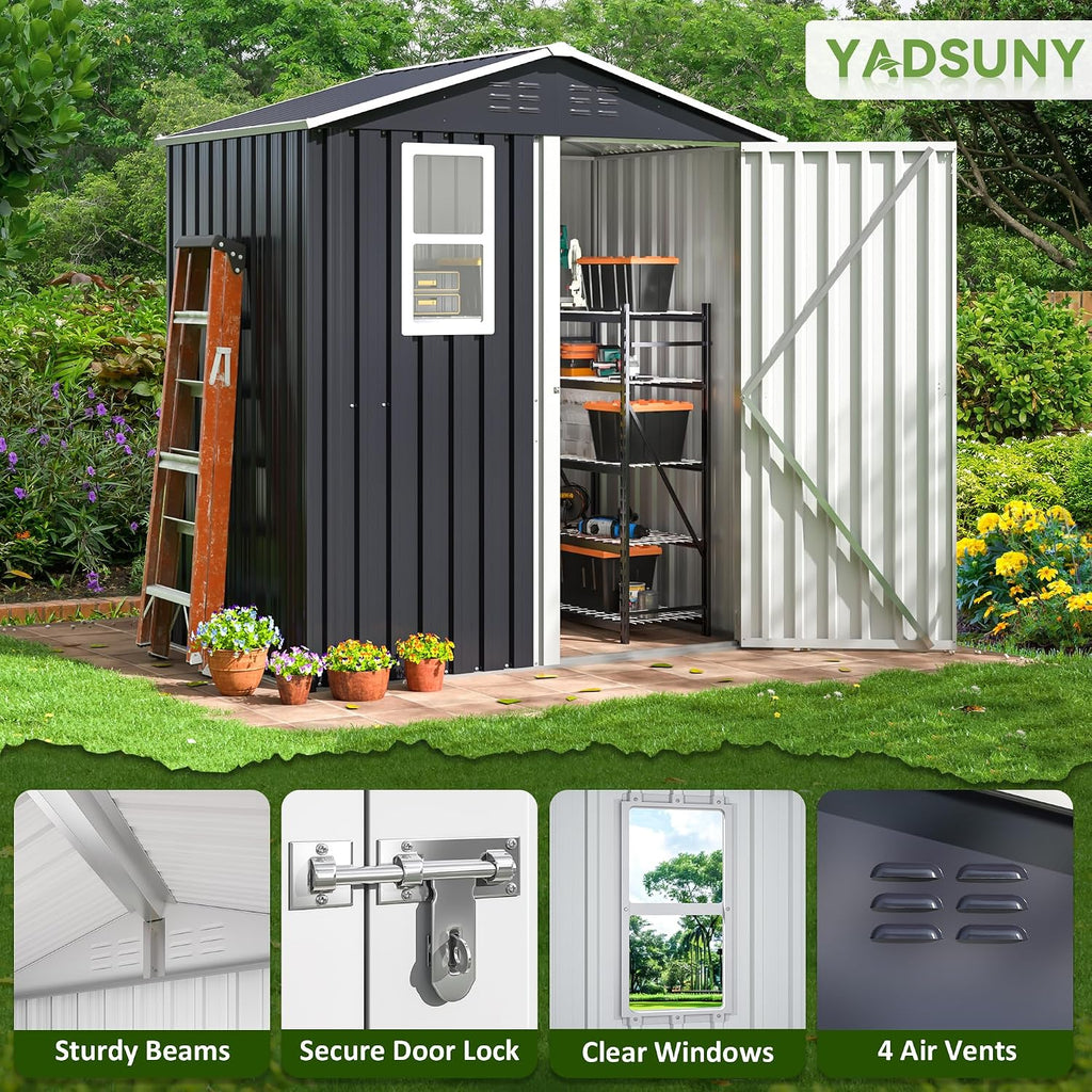 5.9x4 FT Outdoor Storage Shed, Metal Garden Tool Shed with Updated Frame Structure, Lockable Doors and Windows, Ideal for Backyard Garden Patio Lawn, Grey