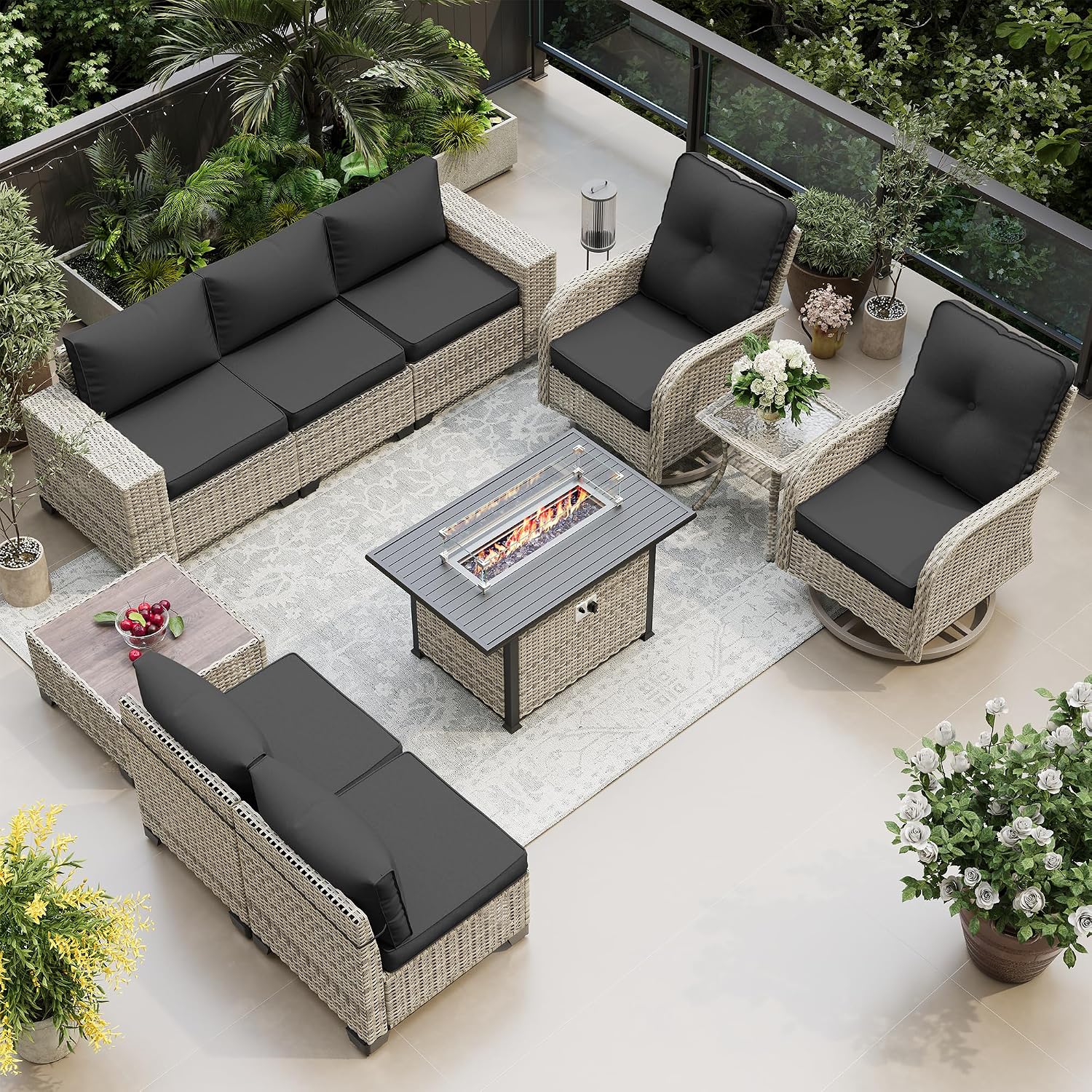 10-Piece Outdoor Patio Furniture Set with Rocking Swivel Chair, PE Wicker Rattan Sectional Sofa Patio Conversation Set with 55,000 BTU Fire Pit Table & Coffee Table, Dark Grey