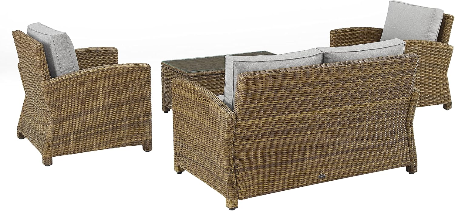 Crosley Furniture Bradenton 4-Piece Outdoor Loveseat Patio Furniture Set, Wicker Conversation Sets for Porch, Brown with Gray Cushions