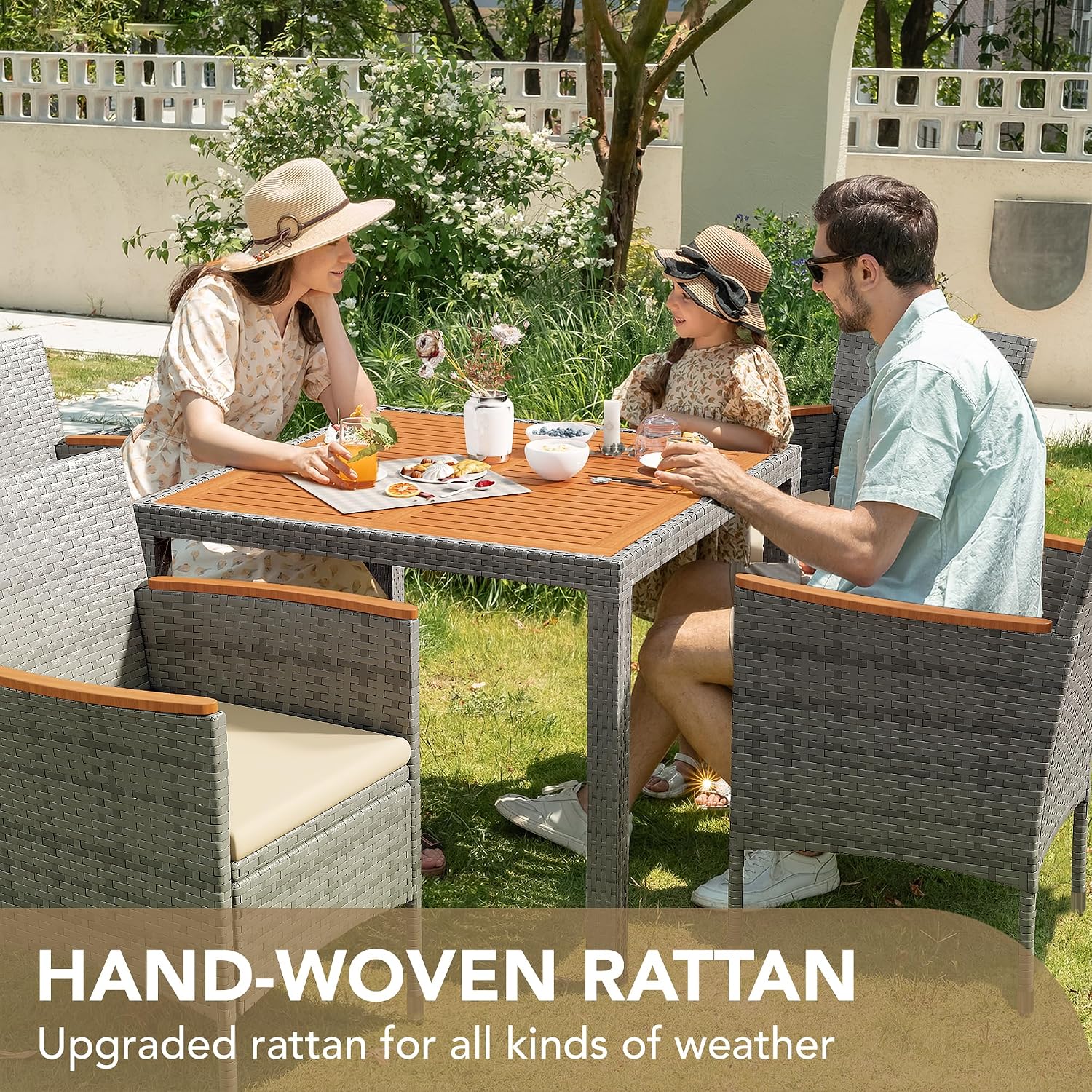 Devoko 5 PCS Furniture, Patio Conversation Set with Acacia Wood Top, Rattan Outdoor Dining Table and Chairs for Backyard, Garden, Deck, Grey