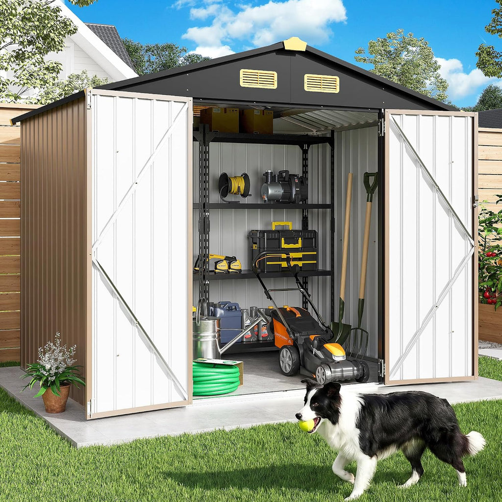 IRONCK 7.7x5.7 FT Storage Shed, Outdoor Metal Tool Shed with Breathable Vents and Lockable Doors, All-Weather Tool Storage for Patio, Outside, Poolside, Brown