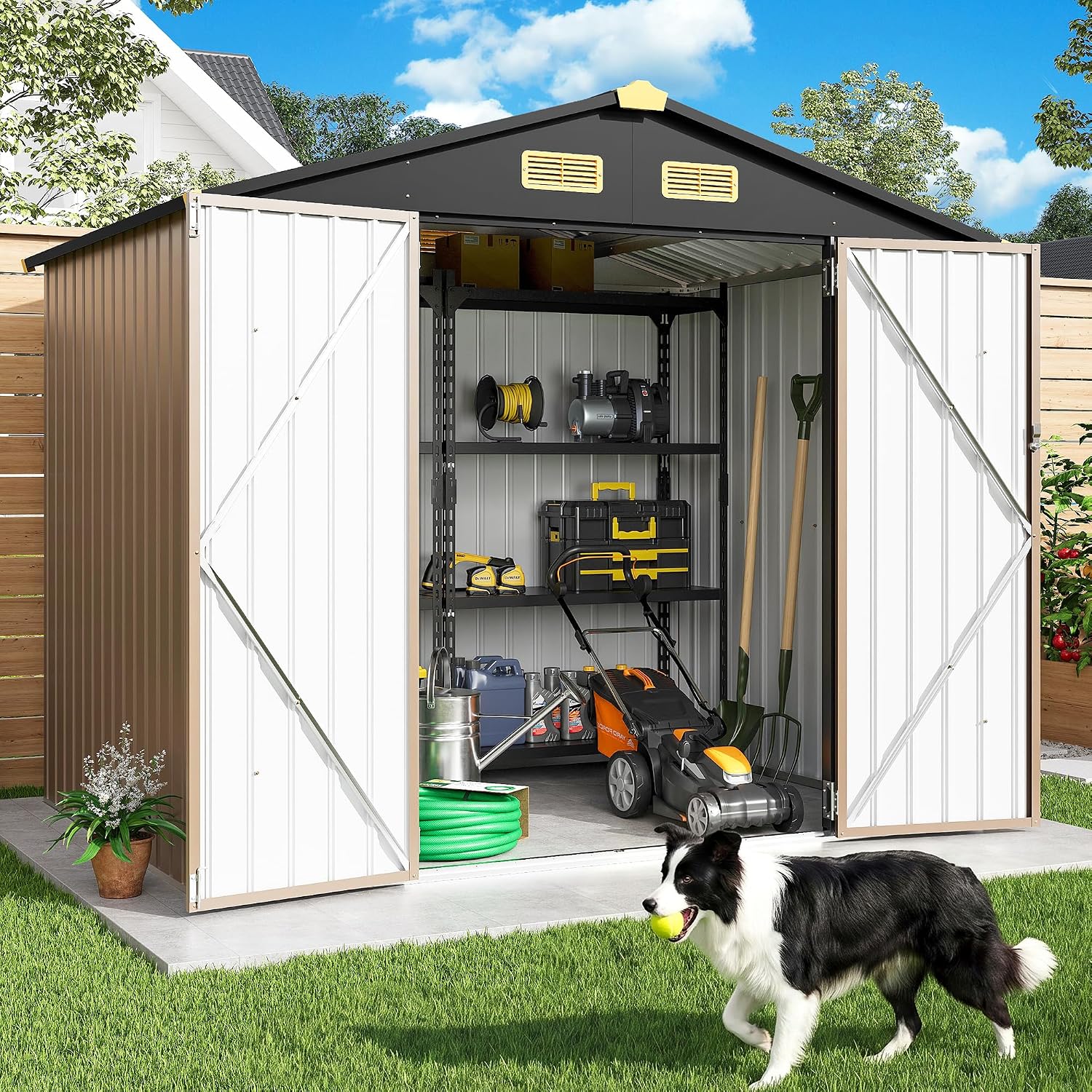 IRONCK 7.7x5.7 FT Storage Shed, Outdoor Metal Tool Shed with Breathable Vents and Lockable Doors, All-Weather Tool Storage for Patio, Outside, Poolside, Brown