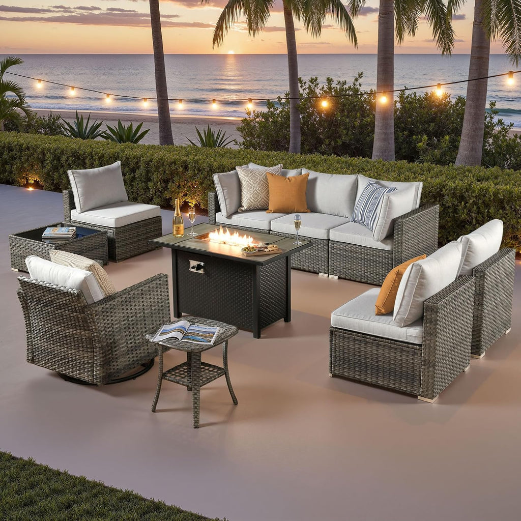 ovios 10 Piece Outdoor Patio Furniture Set with Fire Pit Table,Conversation Sectional Wicker Couch with Swivel Chairs,Modern Outside Sofa for Balcony Backyard, Beige