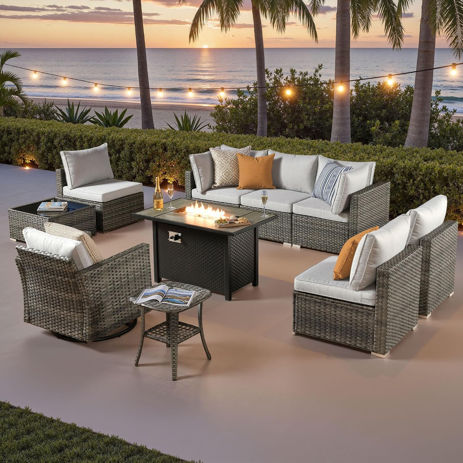 ovios 10 Piece Outdoor Patio Furniture Set with Fire Pit Table,Conversation Sectional Wicker Couch with Swivel Chairs,Modern Outside Sofa for Balcony Backyard, Beige