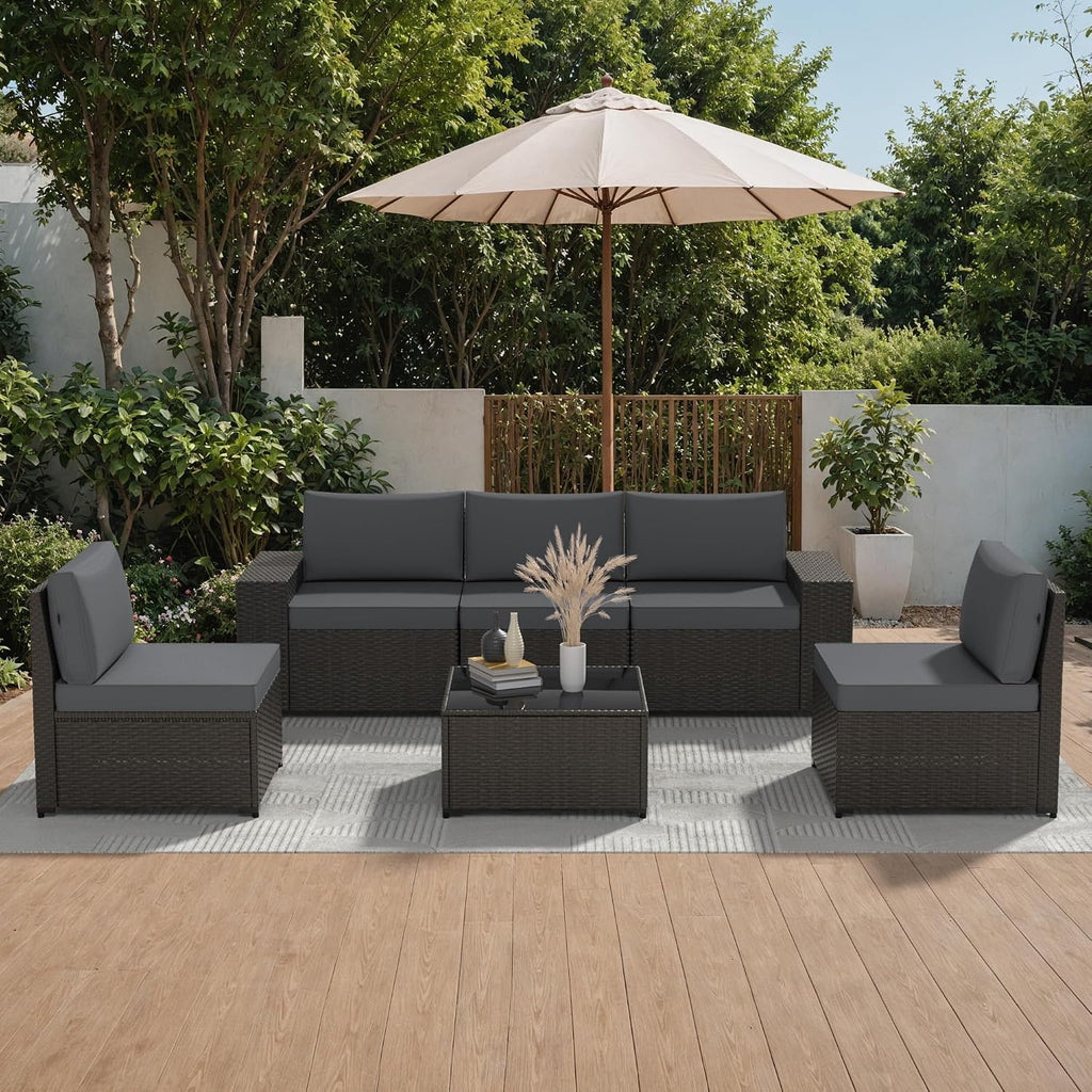Patio Furniture Set, 6PCS Outdoor Sectional with Ottoman Wicker Rattan Patio Couch with Thickened Cushion Modular Wicker Patio Conversation Set with Glass Top Table for Balcony, Backyard(Grey)