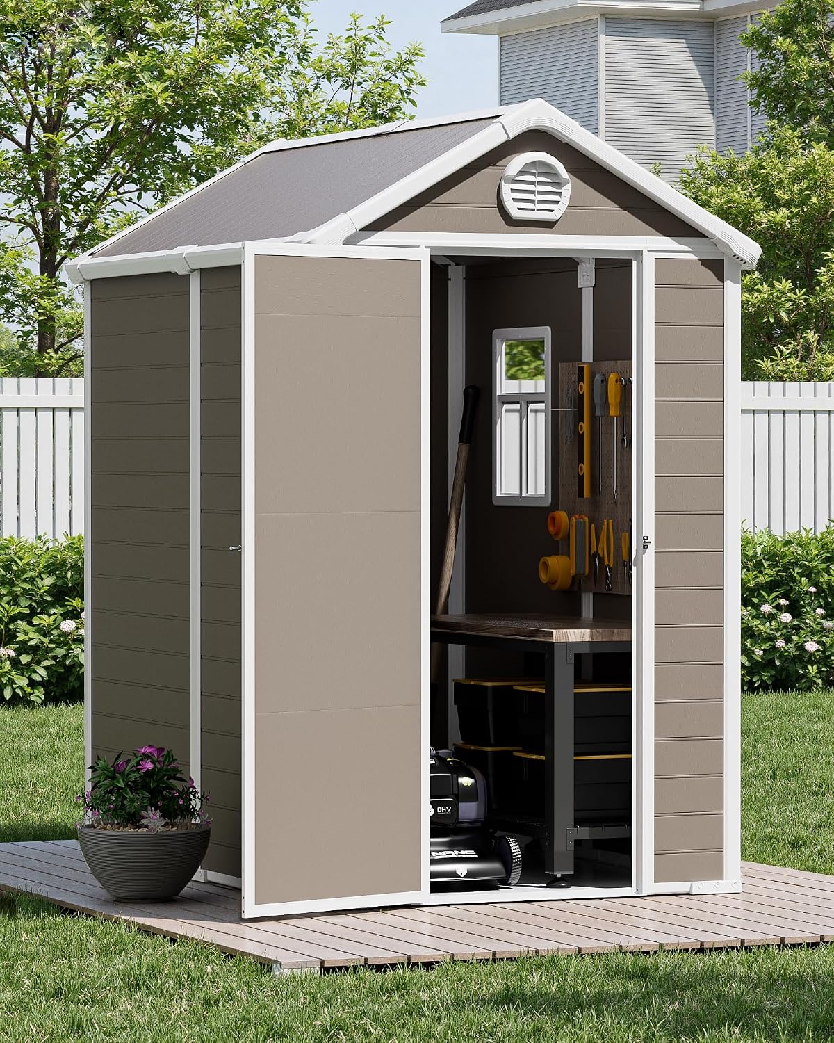 6x4.5 FT Plastic Sheds & Outdoor Storage, UV Resistant Storage Sheds Outdoor with Floor and Window, All-Weather Garden Resin Tool Shed for Lawn Mower, Yard Tools, Bike, Warm Gray