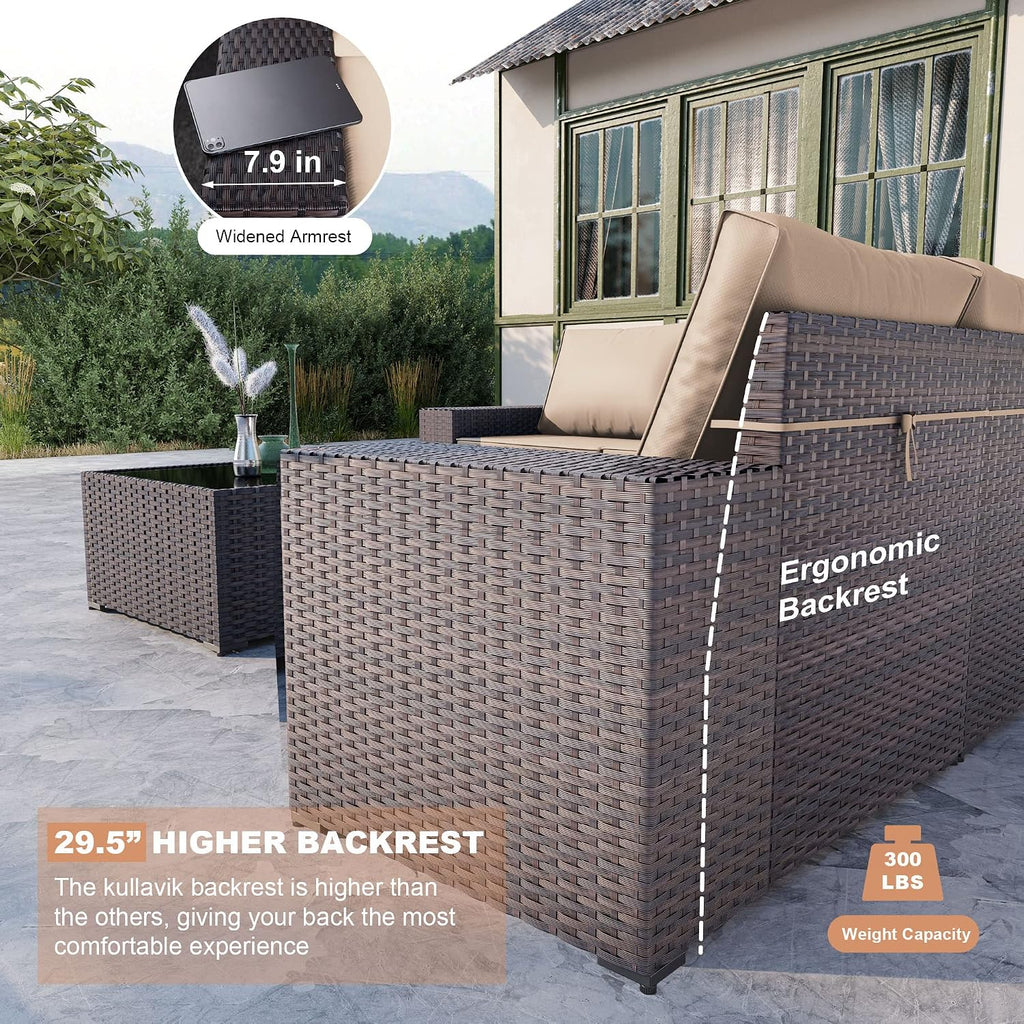 Kullavik Outdoor Patio Furniture Set,12 Pieces Sectional Rattan Sofa Set Brown PE Rattan Wicker Patio Conversation Set with 10 Seat Cushions and 2 Tempered Glass Coffee Table,Sand